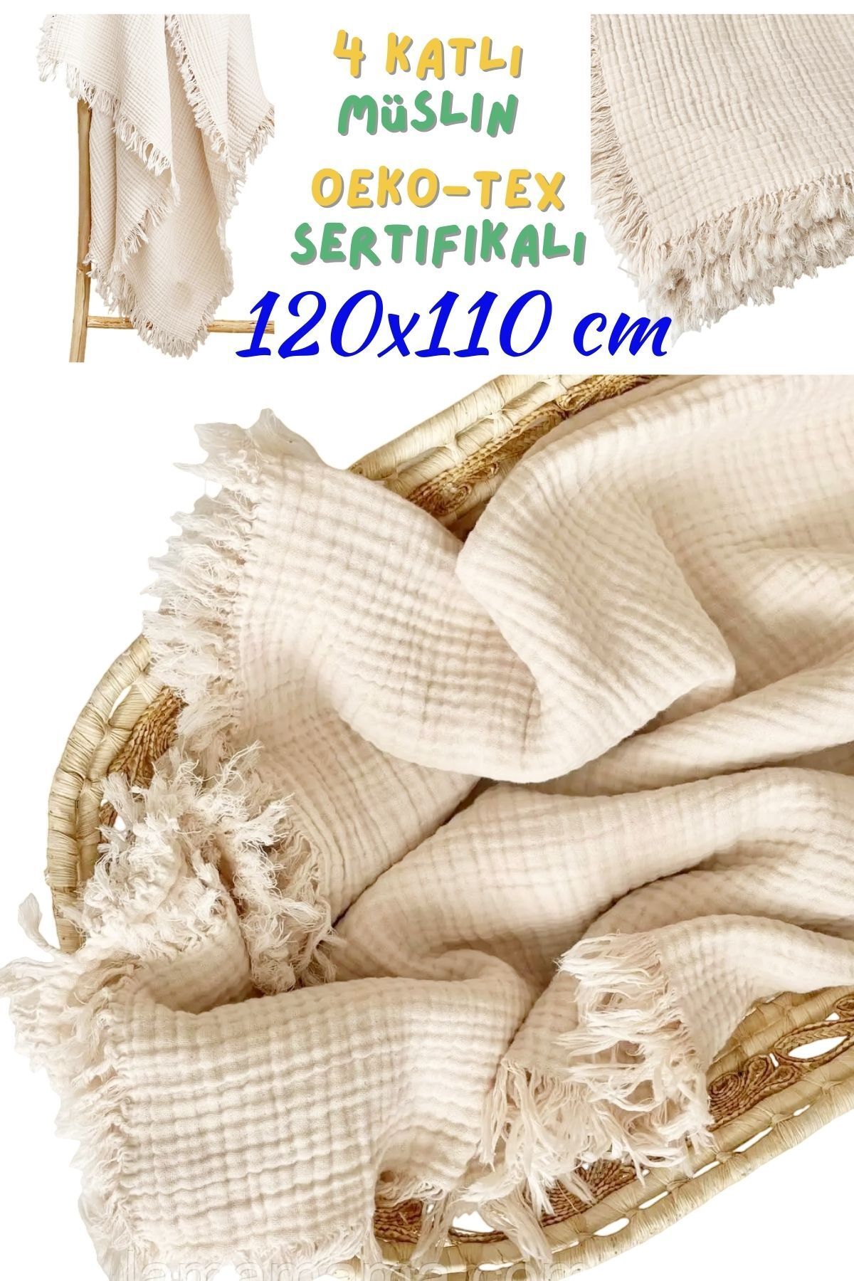 Armashine Müslin 4 Katlı Bebek Battaniyesi Büyük Boy - Dört Katlı Orj Saçaklı Doğal Organik Pamuk 120cmX110cm