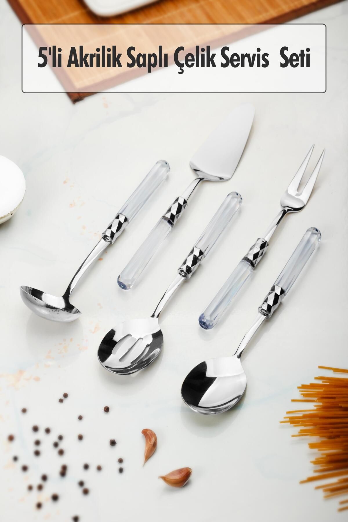 Shop58 5 Parça Platin Servis Seti & Servis Sunum Seti Şeffaf ( Kepçe / Kevgir / Sıpatula / Çatal / Kaşık )