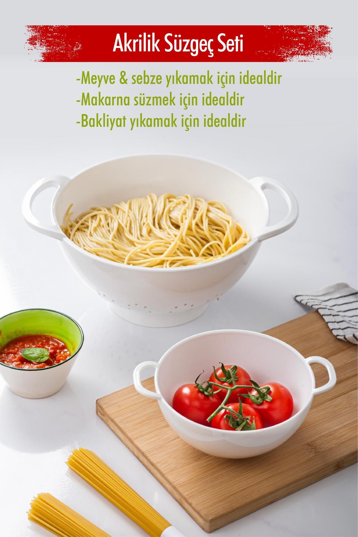Shop58 Akrilik Beyaz 2 Li Süzgeç Seti ( Makarna & Pirinç Süzgeci )