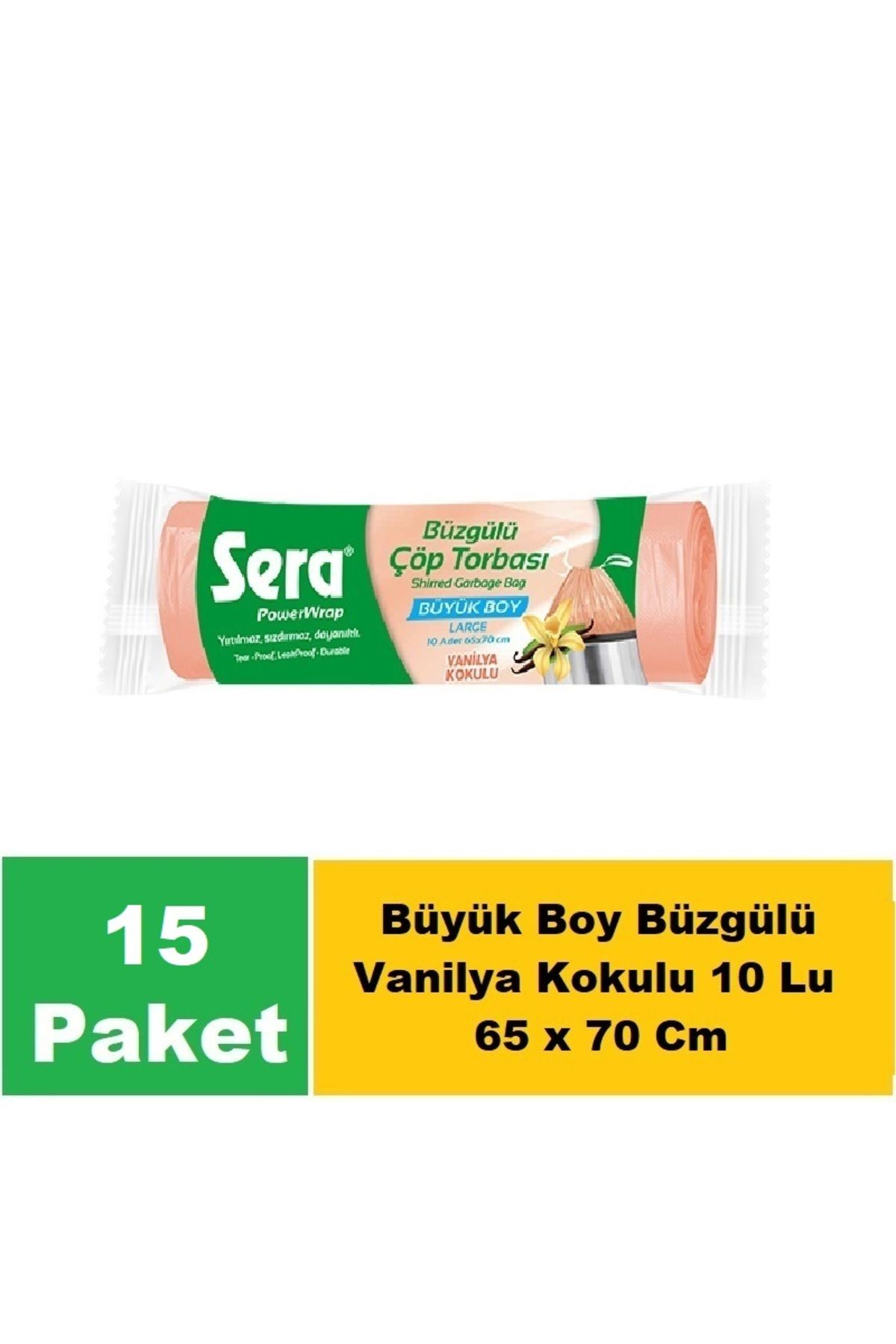 SERA Çöp Torbası Büzgülü Vanilya Kokulu Büyük Boy 10 Lu 65 x 70 Cm x 15 Paket