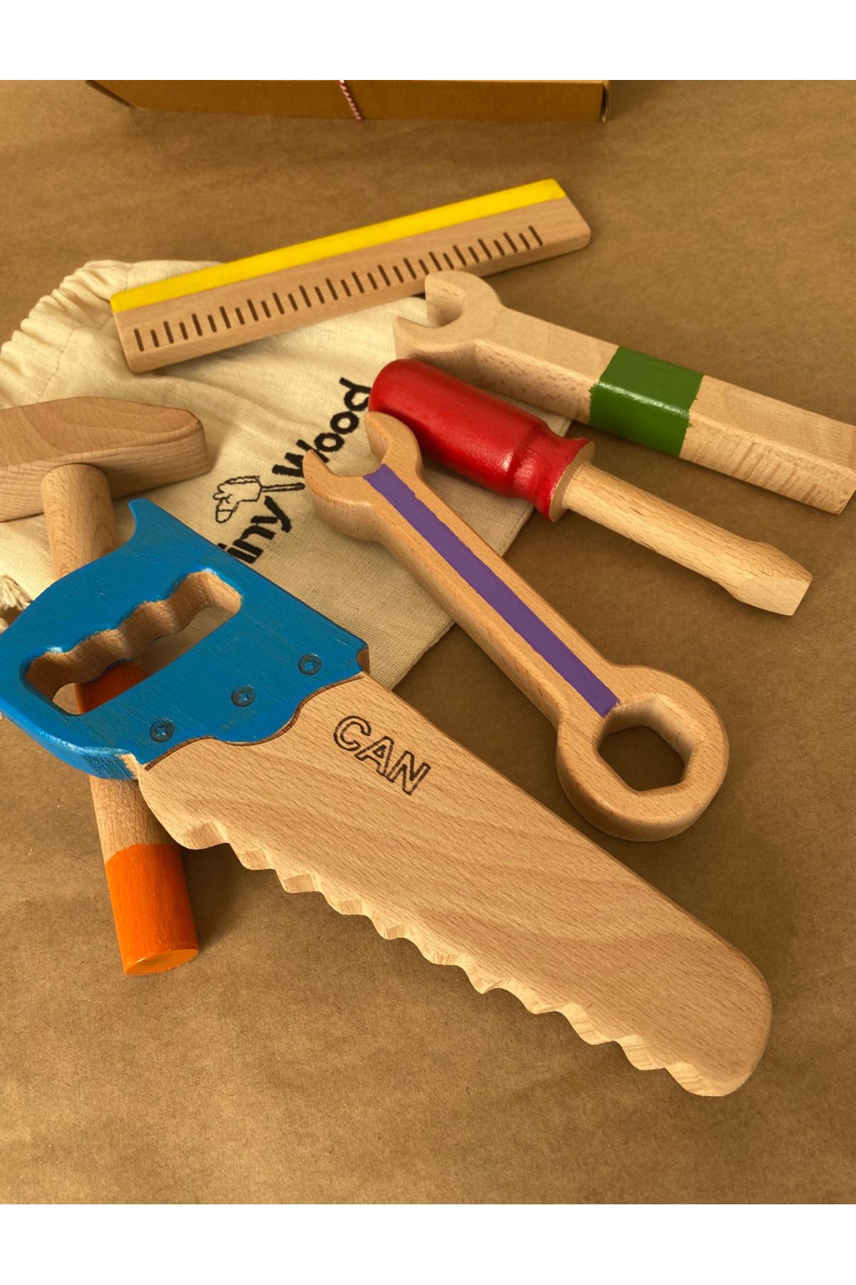 tiny wood İsme Özel Renkli Ahşap Oyuncak Tamir Seti – Doğal Masif Montessori Oyuncak