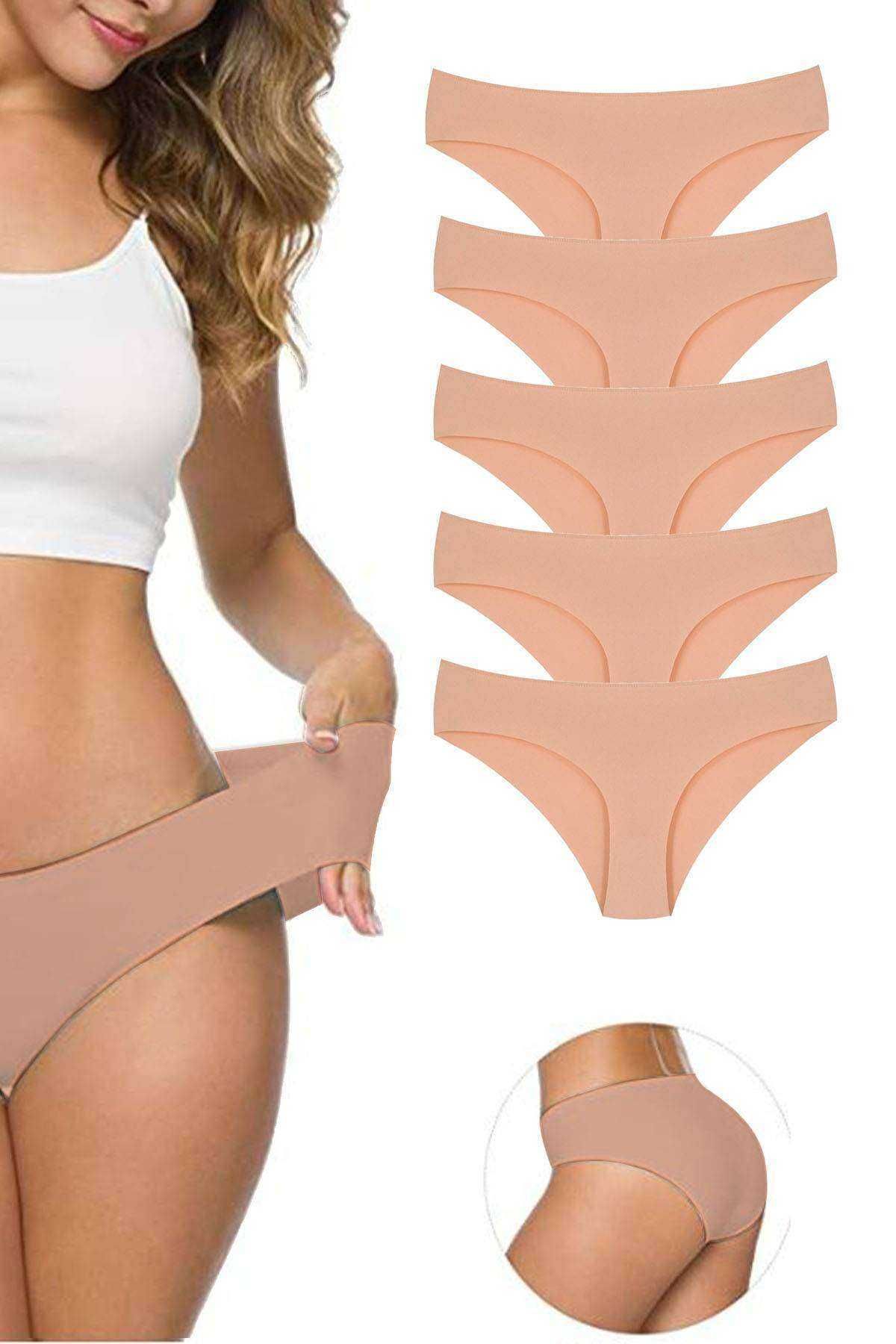 Shop58 5 Adet Kadın Dikişsiz Lazer Kesim Esnek İz yapmayan Külot Ten