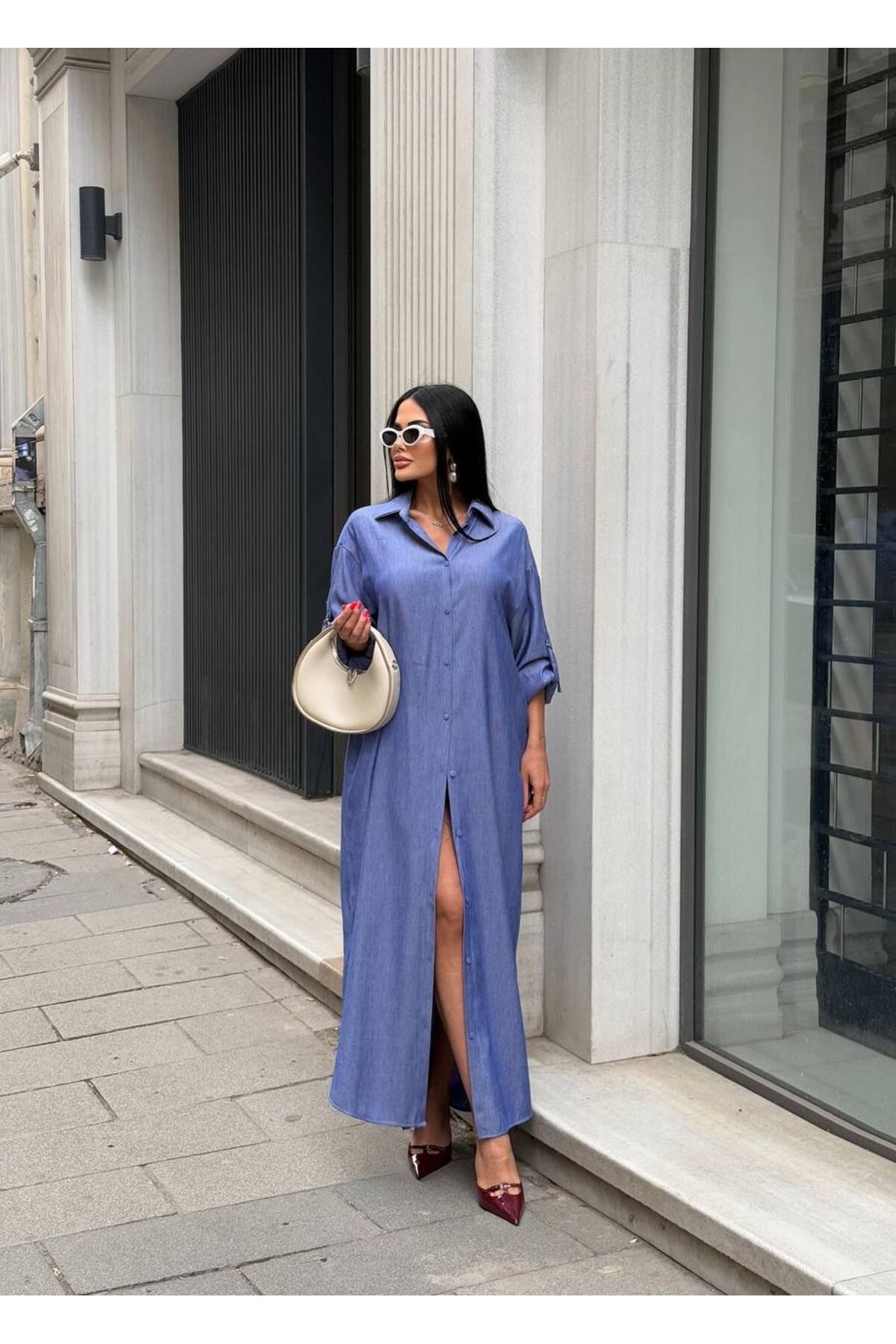 LB Laluna Butik Kadın Uzun Gömlek Elbise Denim Görünümlü Kumaş