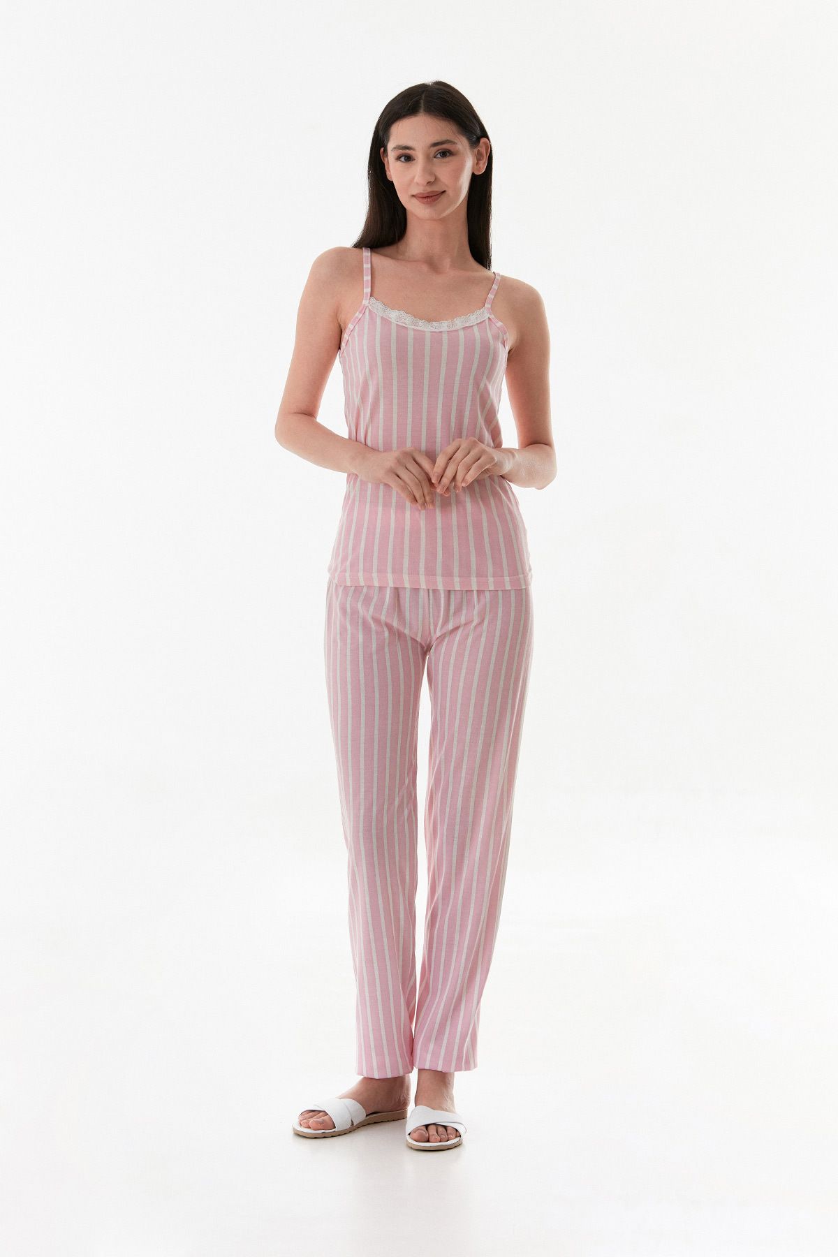 Fulla Moda Kalın Çizgili Askılı Dantelli Pijama Takımı