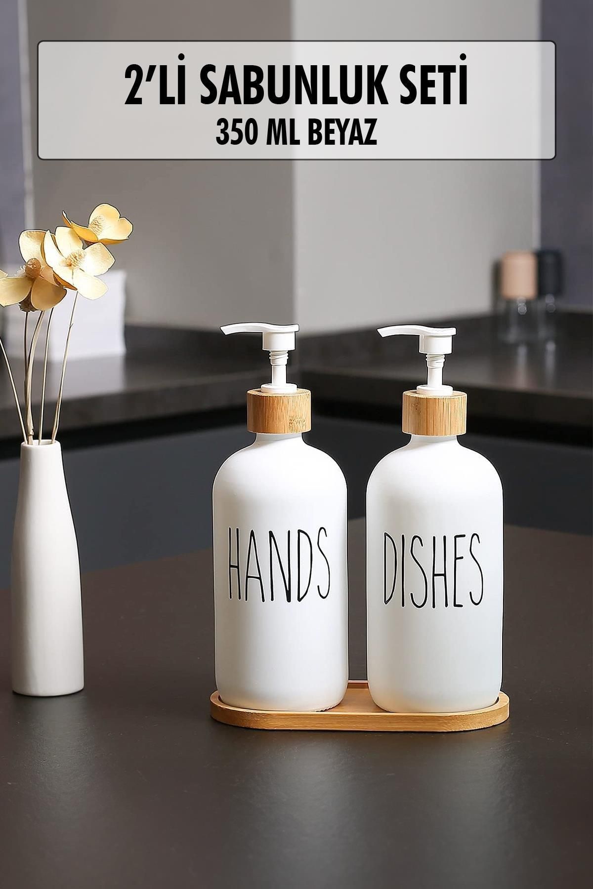 Shop58 2 Li Bambu Altlıklı Sıvı Sabunluk Seti Beyaz