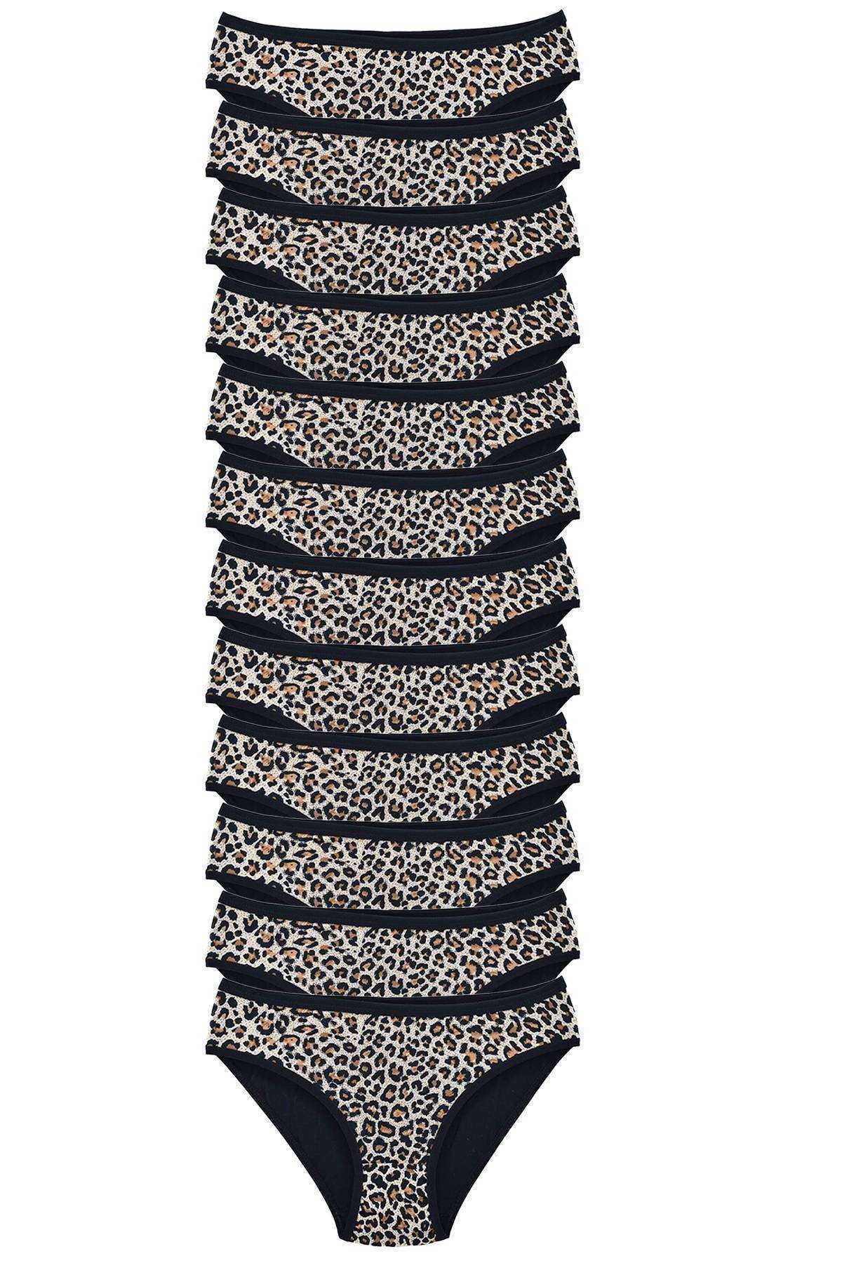 Shop58 12 Adet Leopar Desenli Likralı Yumuşak Dokulu Kadın Slip Külot