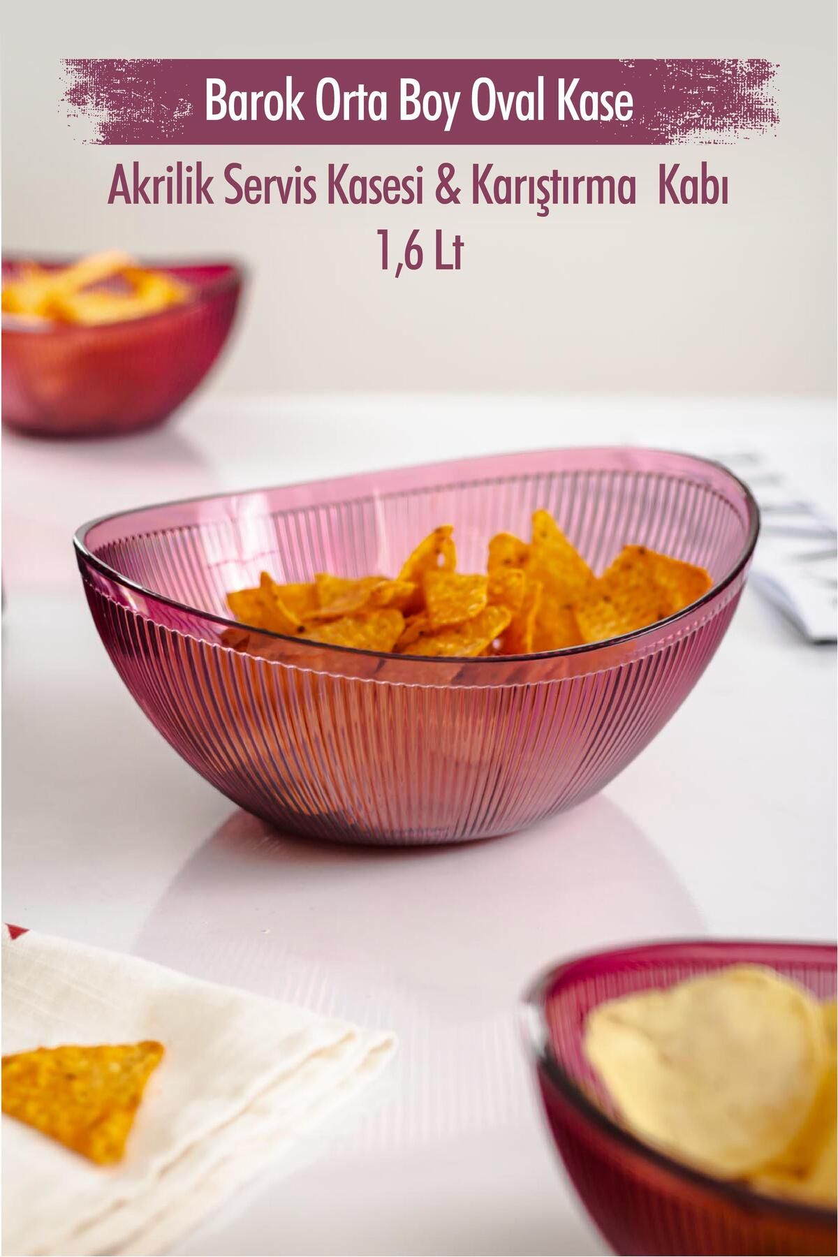 Shop58 Akrilik Barok Mürdüm Orta Boy Oval Meyve & Salata Kasesi & Karıştırma Kabı / 1,6 Lt (CAM DEĞİLDİR)