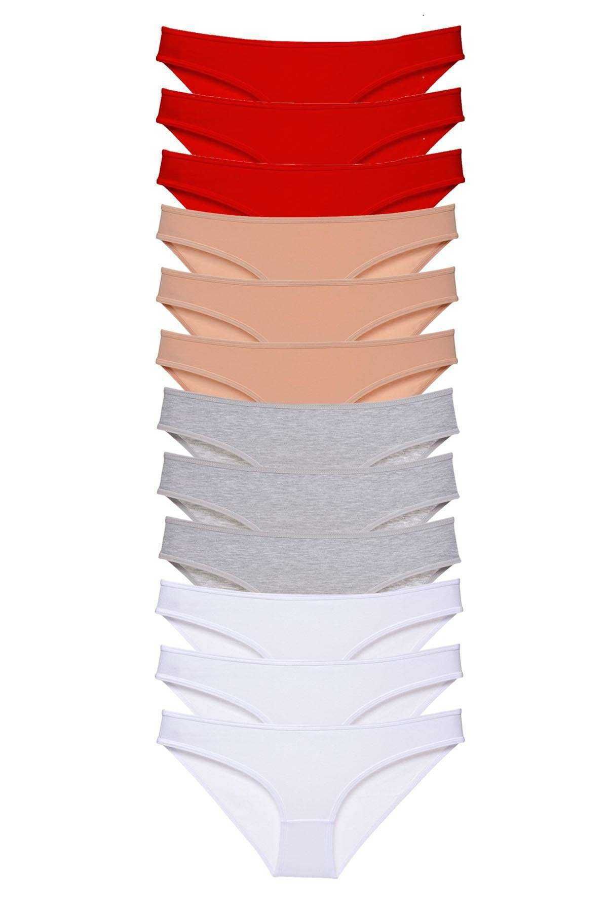 Shop58 12 adet Süper Eko Set Likralı Kadın Slip Külot Kırmızı Ten Gri Beyaz
