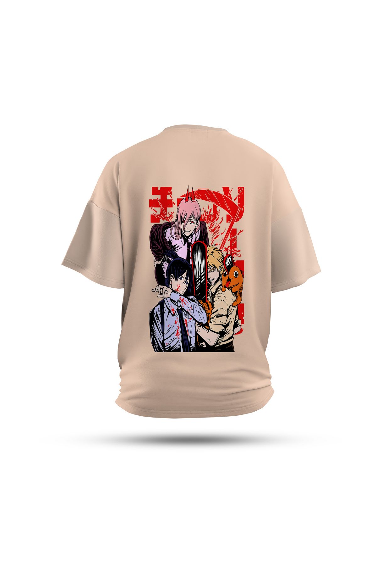 Zestia Unisex T-Shirt, Chainsaw Anime Sırt Baskılı, Regular, %100 Pamuk, Krem T-Shirt No: 00164