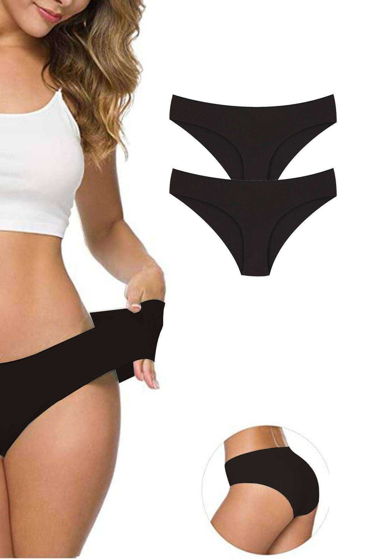 Shop58 2 Adet Kadın Dikişsiz Lazer Kesim Esnek İz yapmayan Külot Siyah