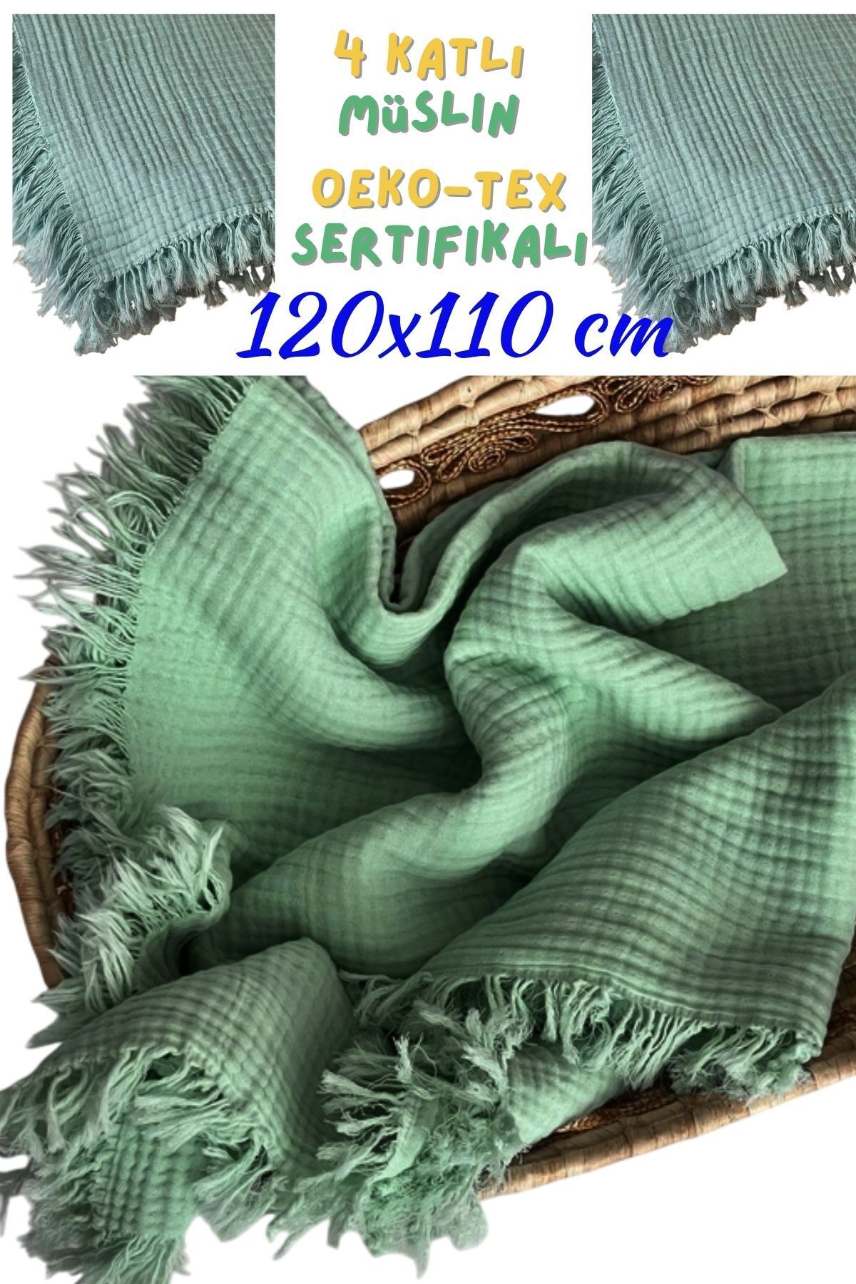 Armashine Müslin 4 Katlı Bebek Battaniyesi Büyük Boy - Dört Katlı Orj Saçaklı Doğal Organik Pamuk 120cmX110cm