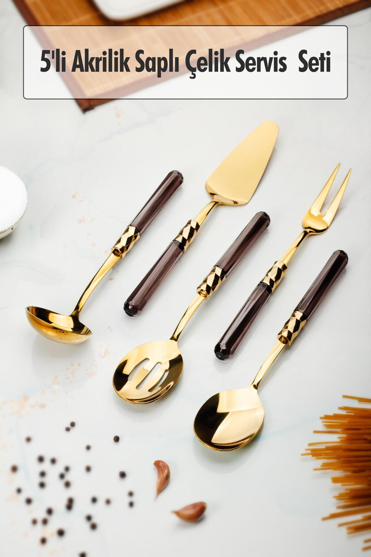 Shop58 5 Parça Gold Servis Seti & Servis Sunum Seti Füme ( Kepçe / Kevgir / Sıpatula / Çatal / Kaşık )