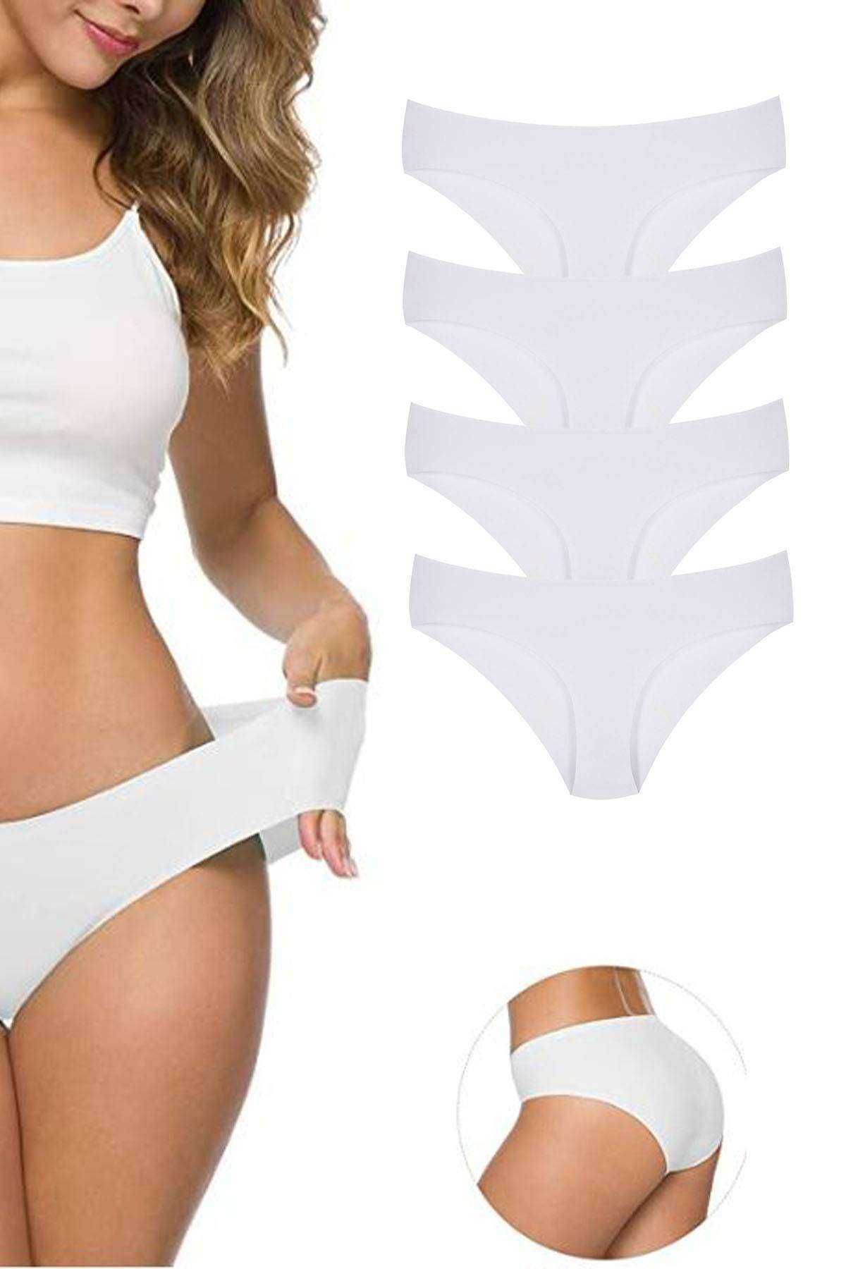 Shop58 4 Adet Kadın Dikişsiz Lazer Kesim Esnek İz yapmayan Külot Beyaz