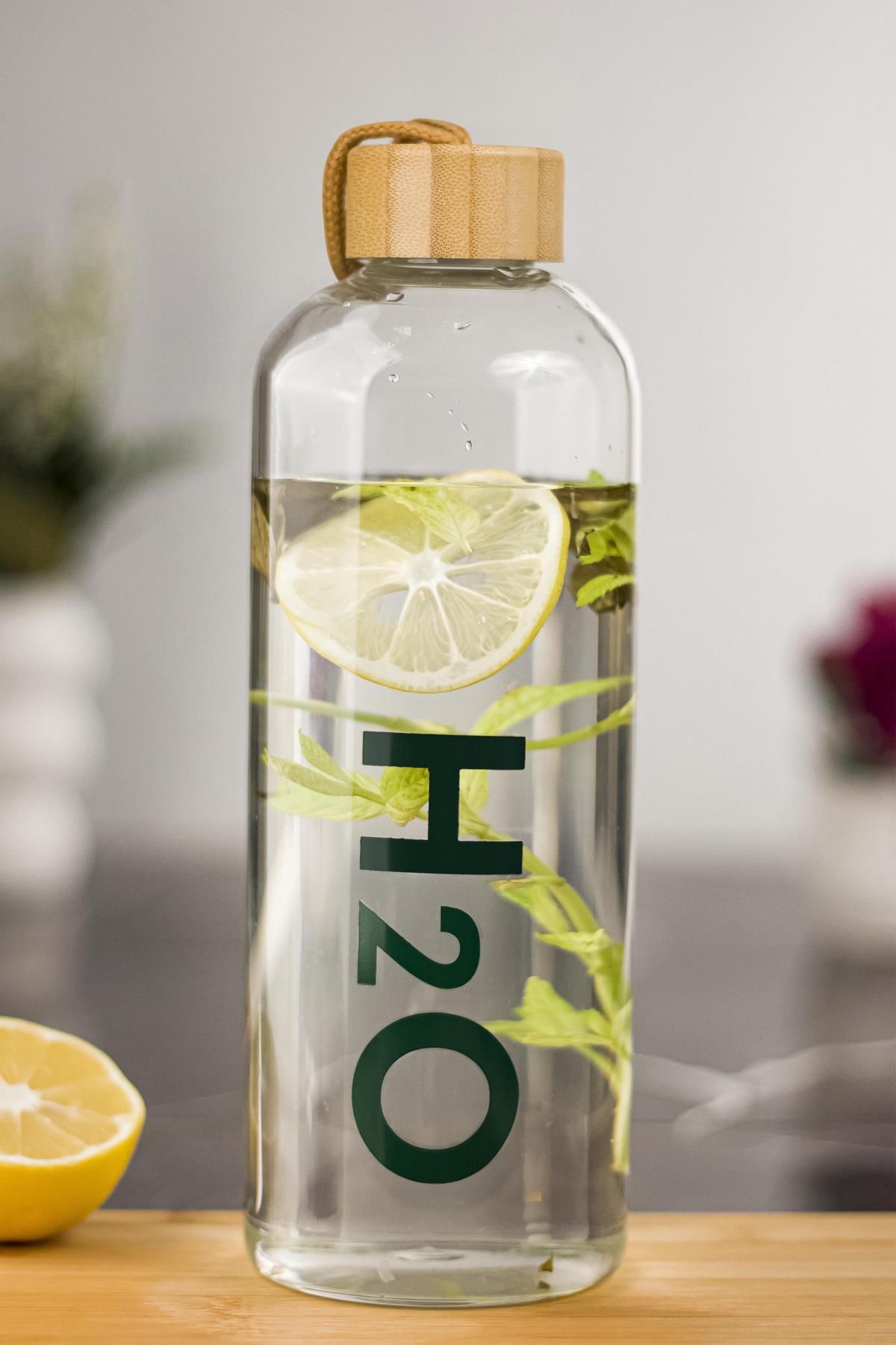Shop58 H2o Borosilikat Cam Matara Vakum Kapaklı Su Şişesi Suluk Bambu Kapaklı 1000 Ml