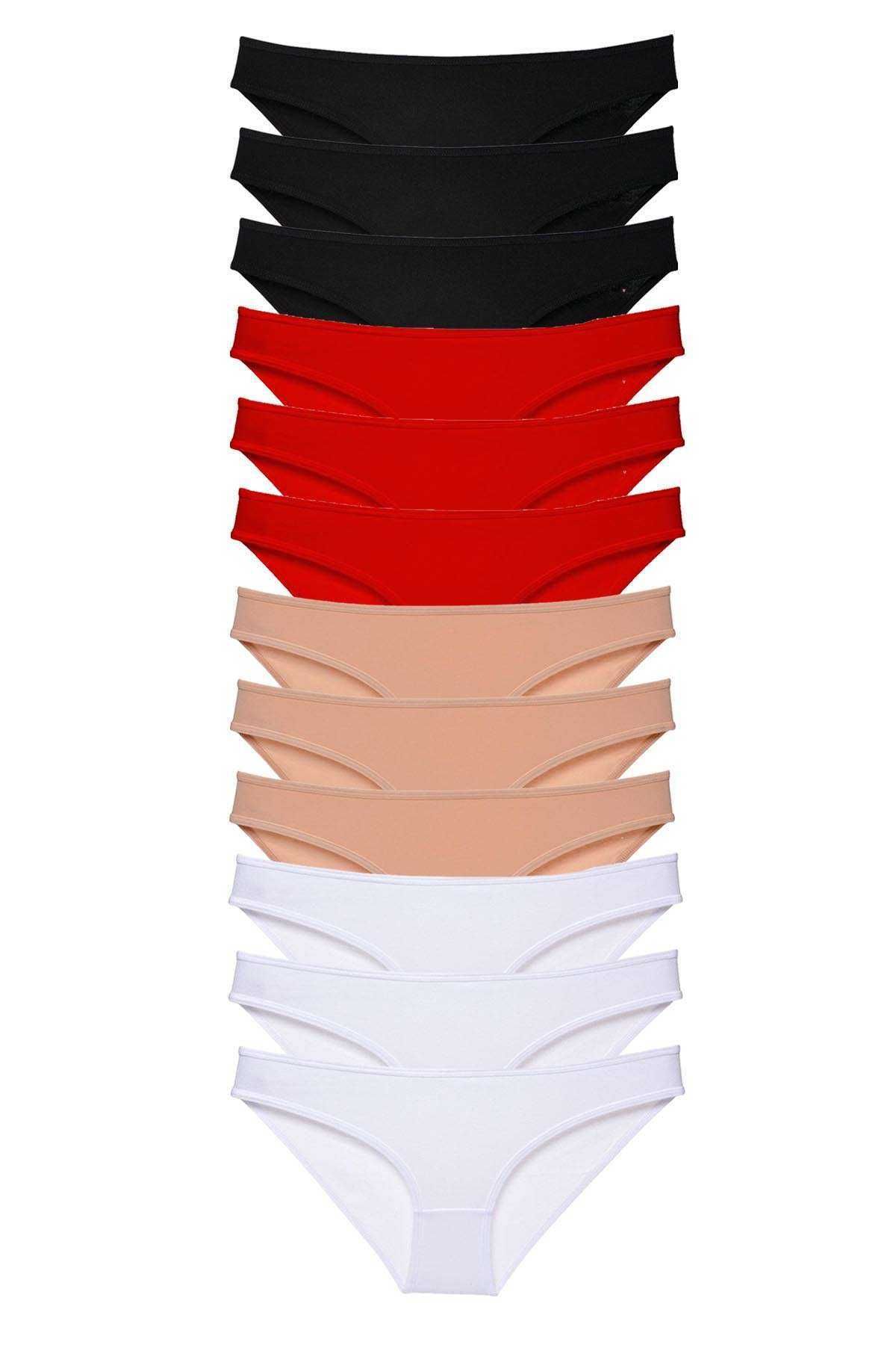 Shop58 12 adet Süper Eko Set Likralı Kadın Slip Külot Siyah Kırmızı Ten Beyaz