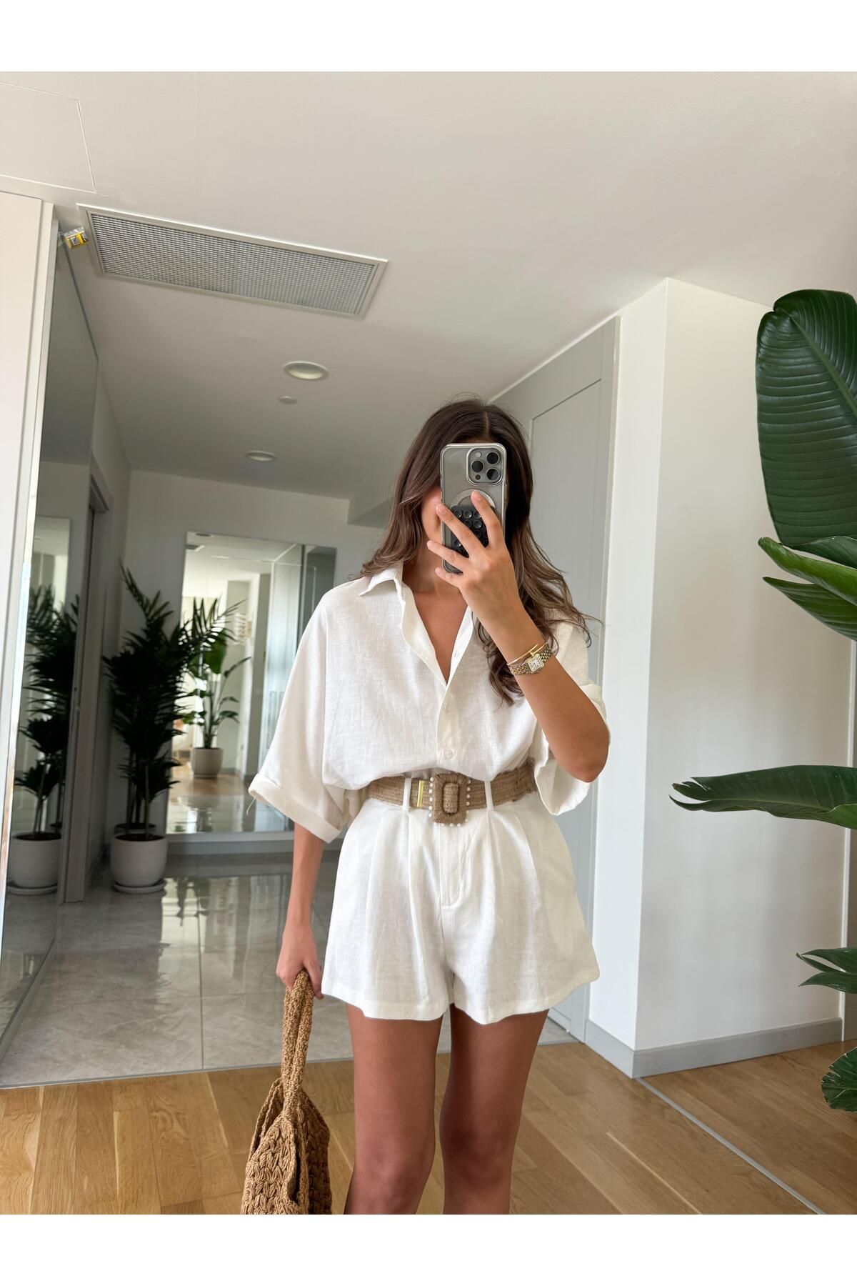 Lady Pixie Hasır Kemerli Gömlek Şort Takım