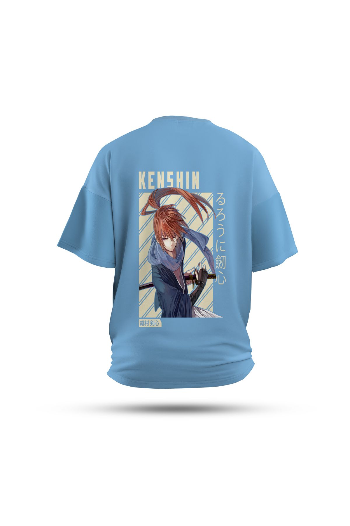 Zestia Unisex T-Shirt, Samurai X Anime Sırt Baskılı, Regular, %100 Pamuk, Mavi T-Shirt No: 00141