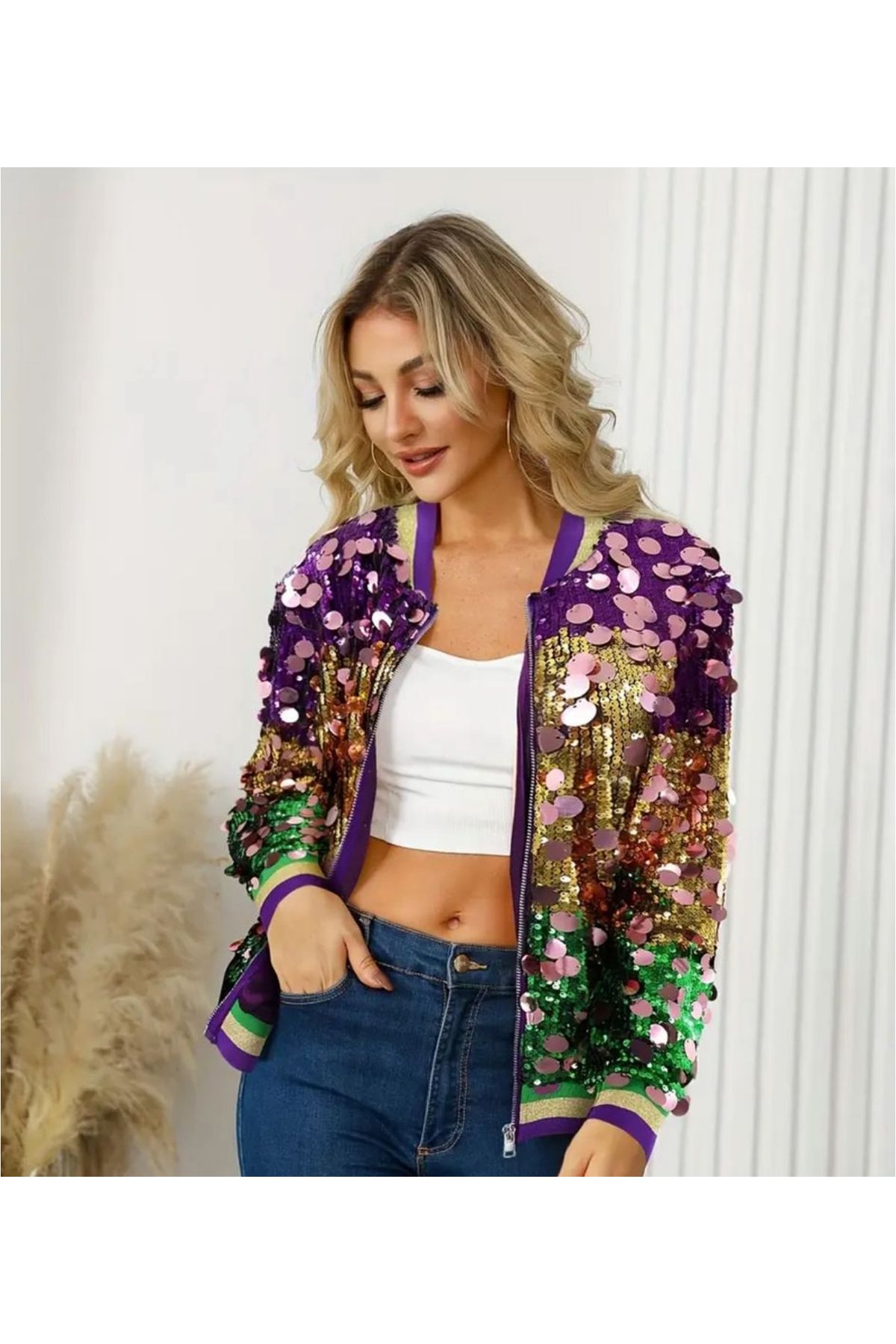 Sep Butik Pul Payet İnce Fermuarlı Ceket