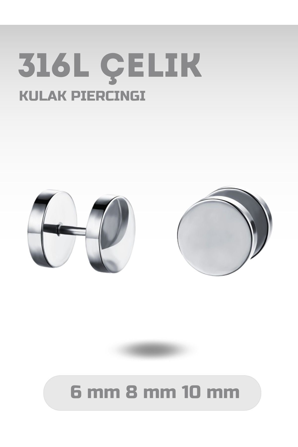 Luckshery Kulakta Tünel Efektli Medikal Çelik Küpeler (Siyah/Gümüş), 6/8/10 mm Boyutlarında