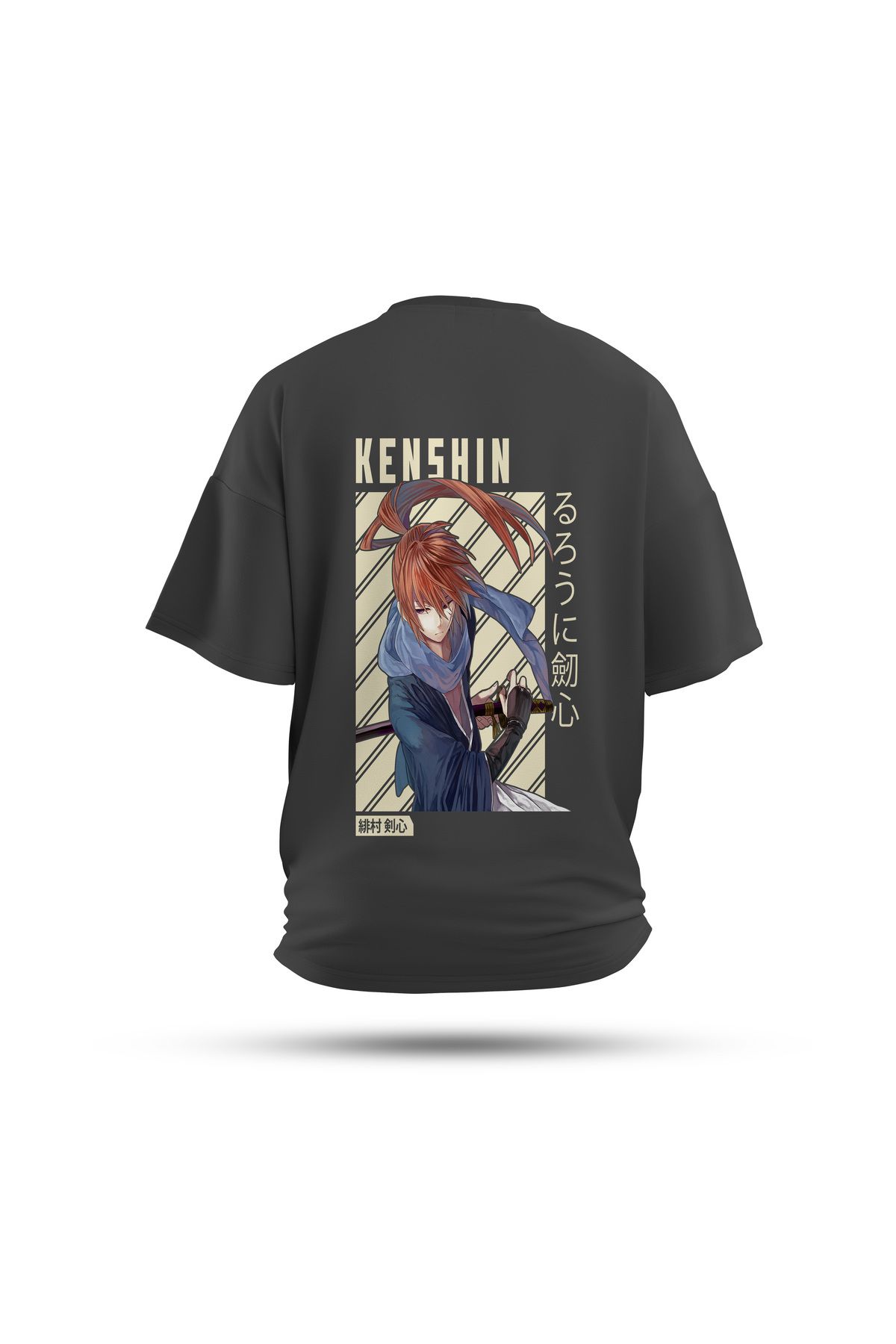 Zestia Unisex T-Shirt, Samurai X Anime Sırt Baskılı, Regular, %100 Pamuk, Antrasit T-Shirt No: 00141