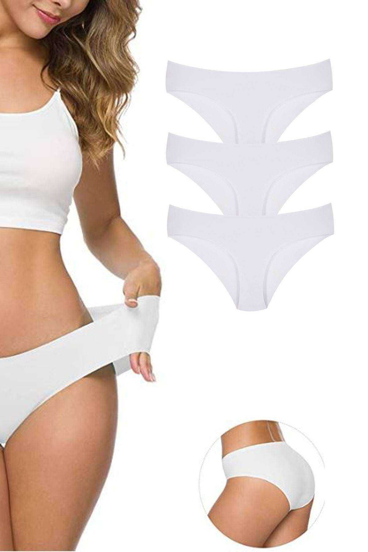 Shop58 3 Adet Kadın Dikişsiz Lazer Kesim Esnek İz yapmayan Külot Beyaz