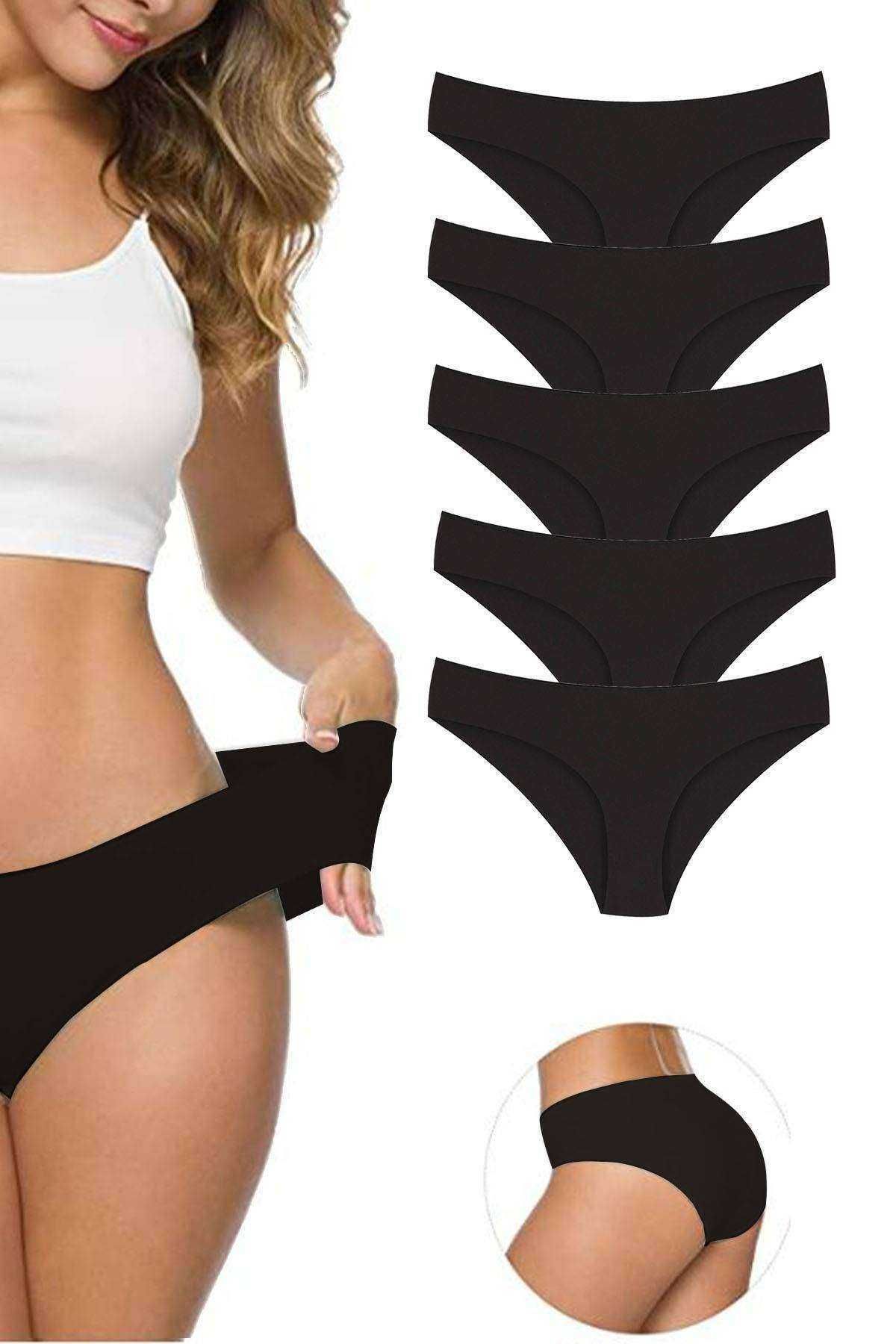 Shop58 5 Adet Kadın Dikişsiz Lazer Kesim Esnek İz yapmayan Külot Siyah