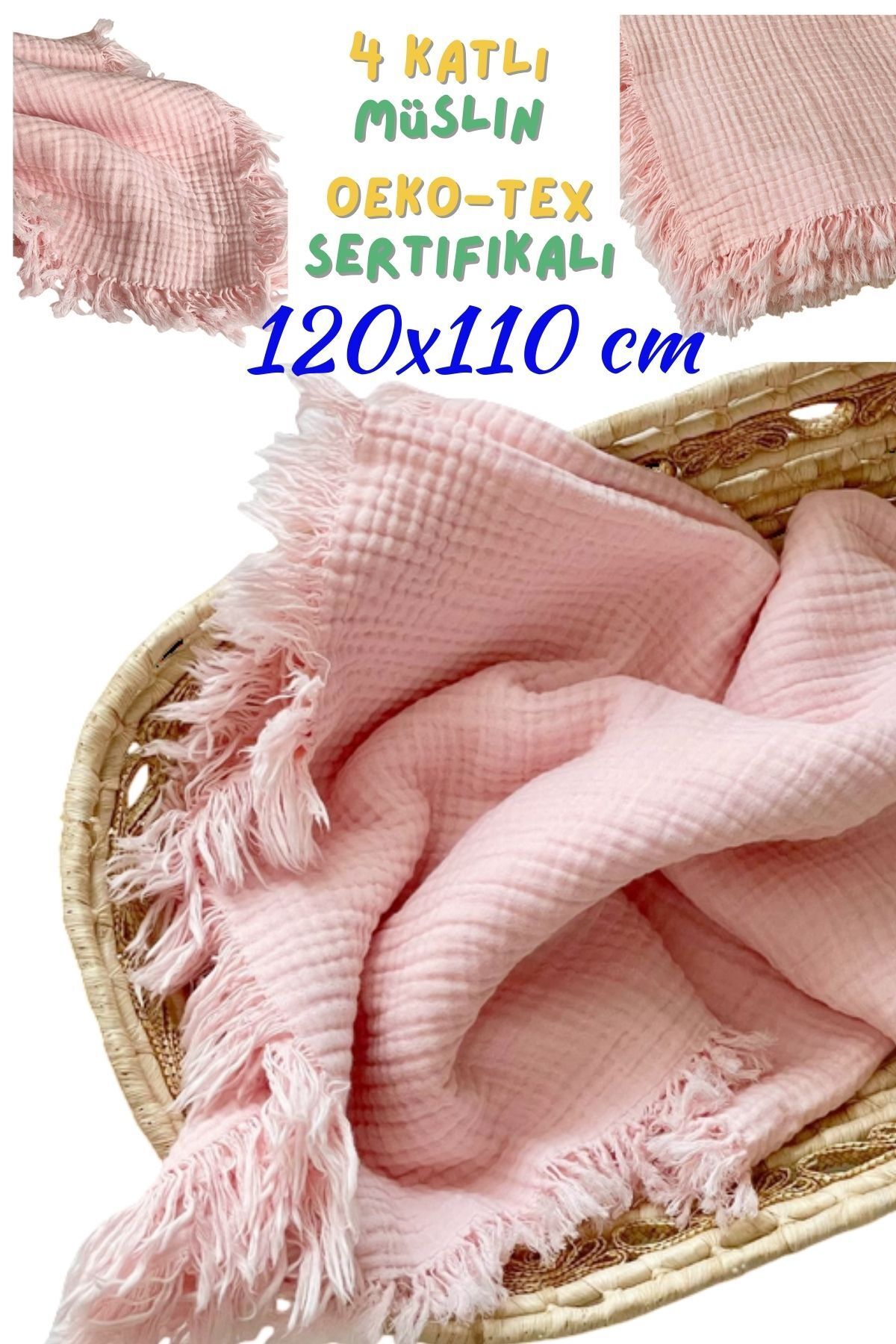 Armashine Müslin 4 Katlı Bebek Battaniyesi Büyük Boy - Dört Katlı Orj Saçaklı Doğal Organik Pamuk 120cmX110cm