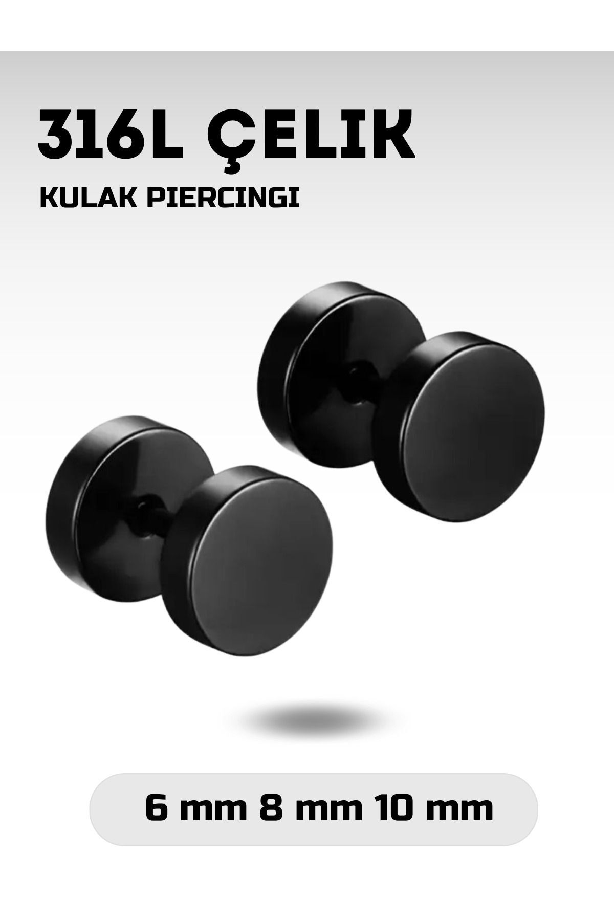 Luckshery Kulakta Tünel Efektli Medikal Çelik Küpeler (Siyah/Gümüş), 6/8/10 mm Boyutlarında