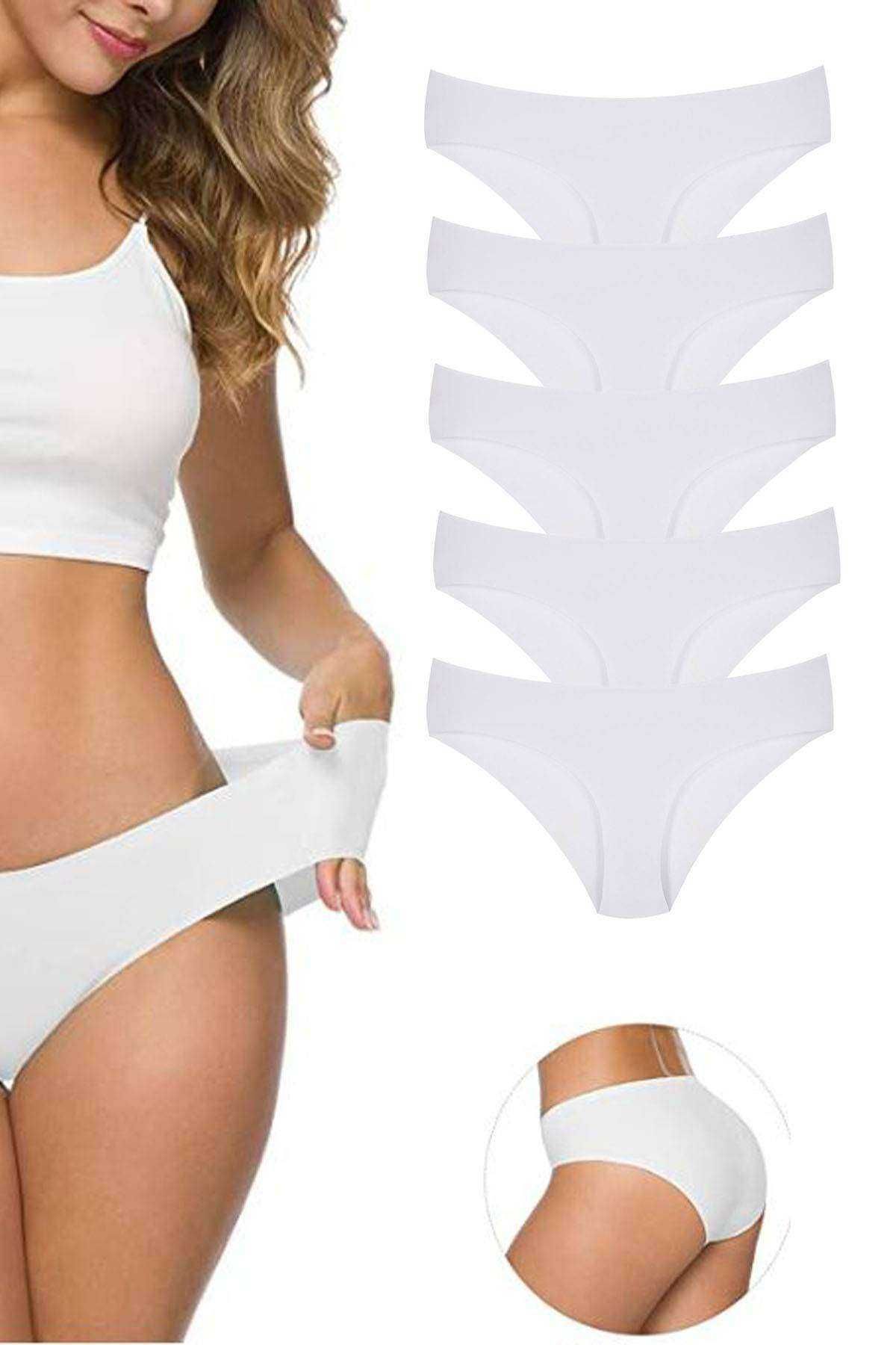 Shop58 5 Adet Kadın Dikişsiz Lazer Kesim Esnek İz yapmayan Külot Beyaz