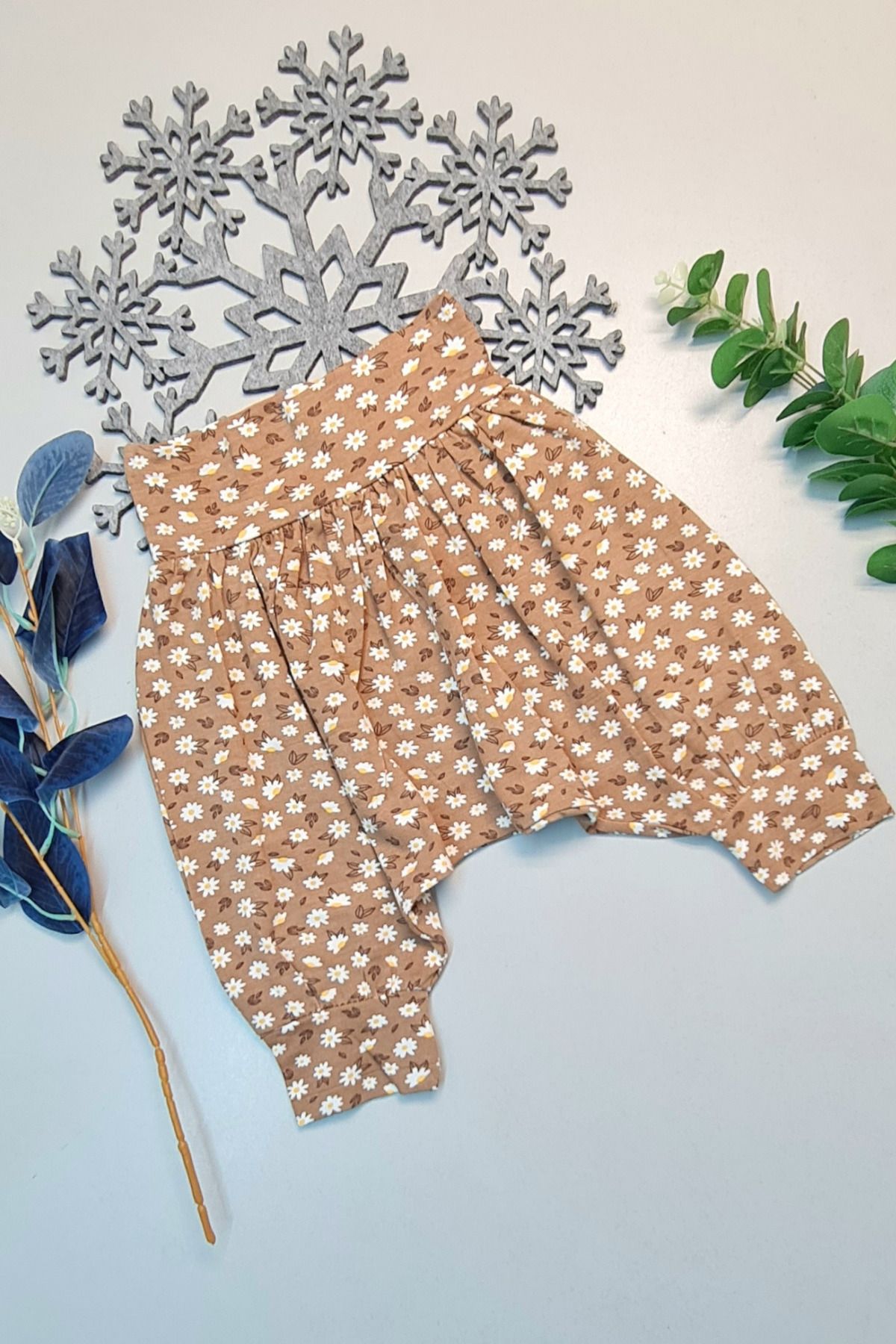 Shop58 Bebek Çocuk Yazlık Hediyelik Retro %100 Pamuk Şalvar Papatya Baskılı Kahve Hediye Çantam
