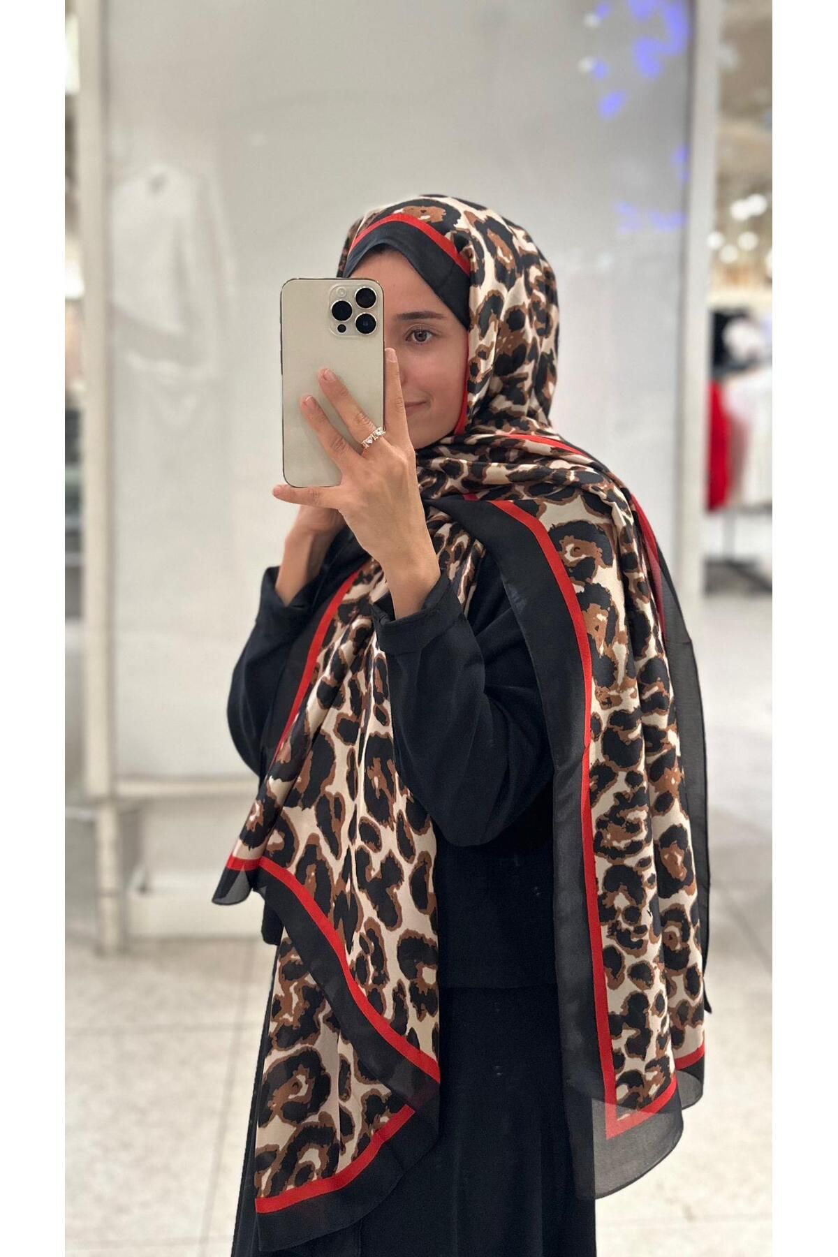 modayışığı Leopar Kırmızı Uçlu Vual İpek Şal