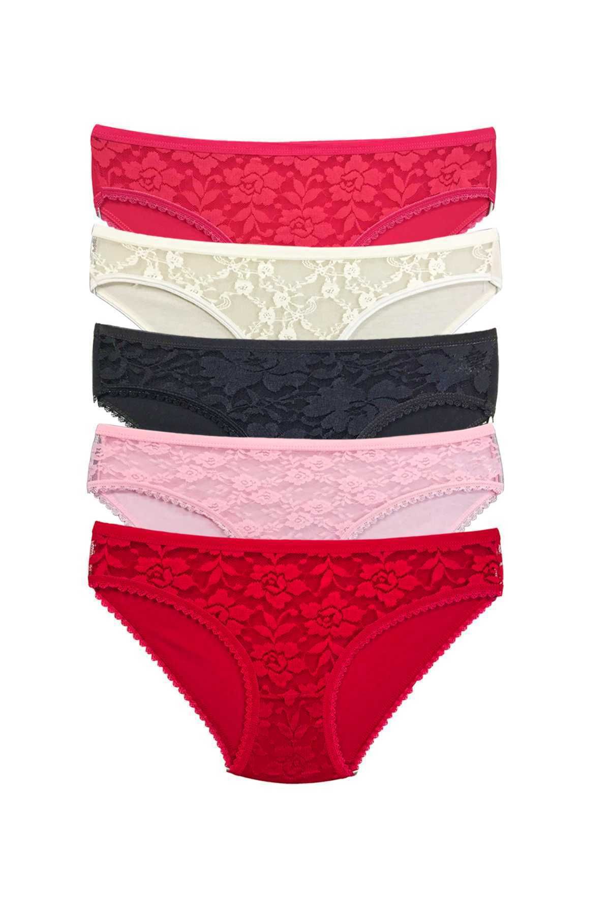 Shop58 5 Adet Önü Dantelli Transparan Kadın Slip Külot S59