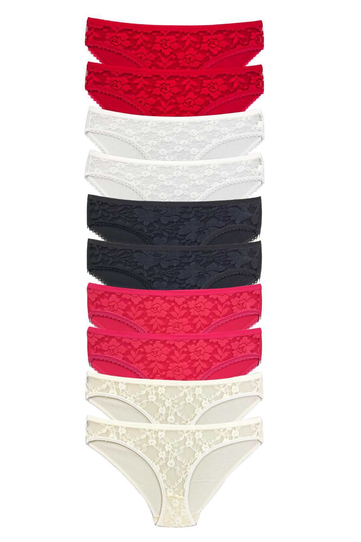 Shop58 10 Adet Önü Dantelli Transparan Kadın Slip Külot S1