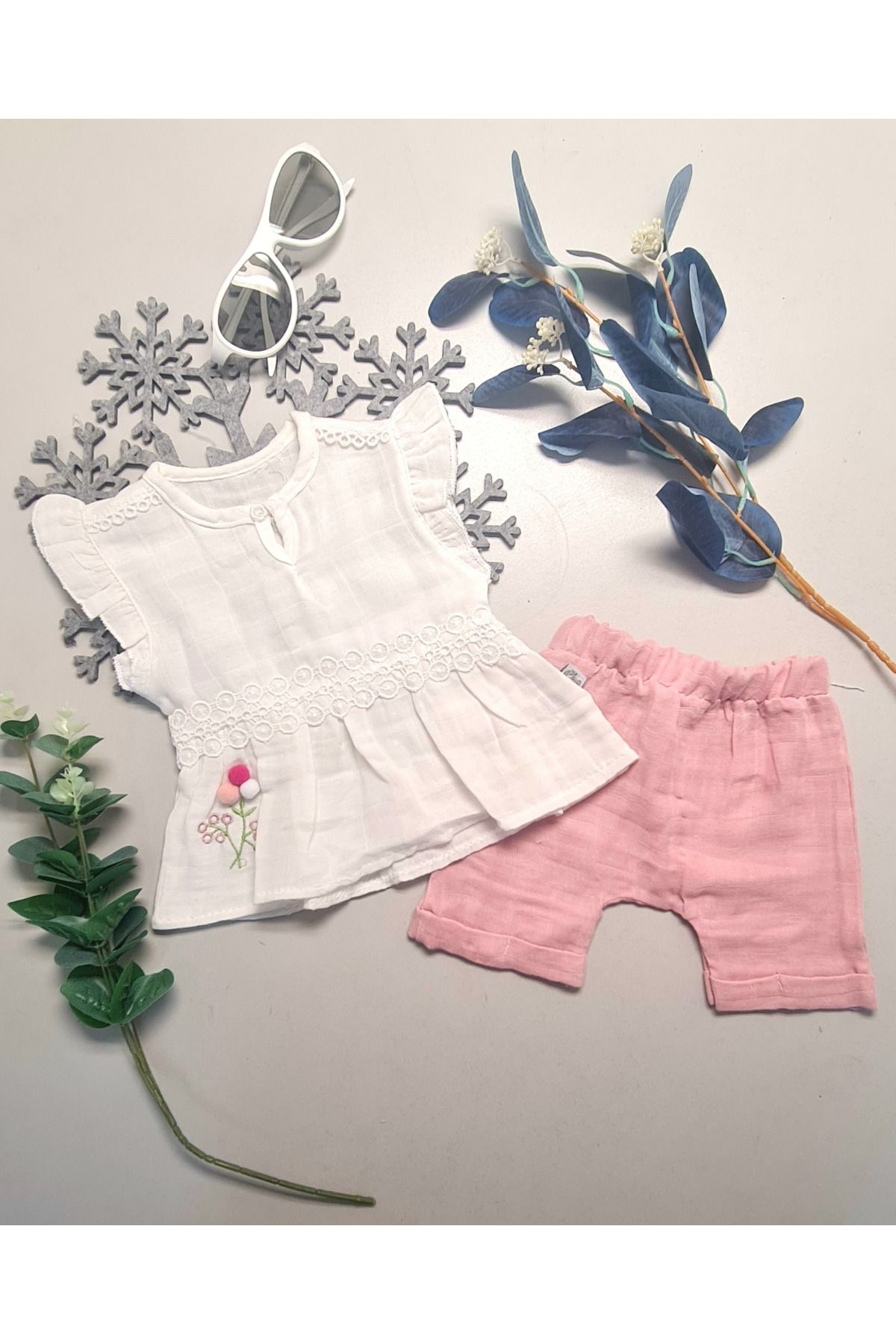 Shop58 Kız Bebek Yazlık Müslin Kumaş Alt Üst Takım Yazlık Hediyelik