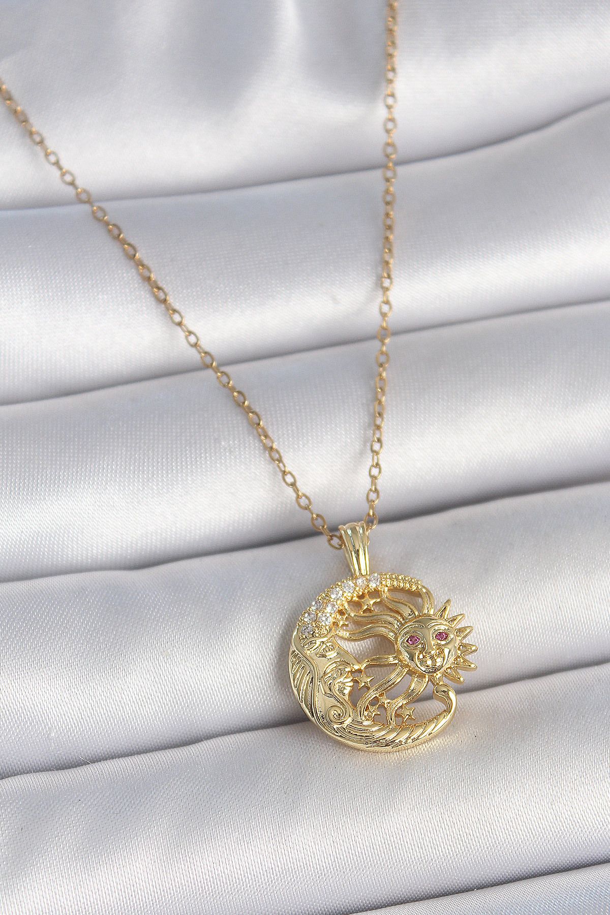 KfksStore 316L Çelik Gold Renk Zincir Ay Güneş Model Zirkon Taş Detaylı Kadın Kolye