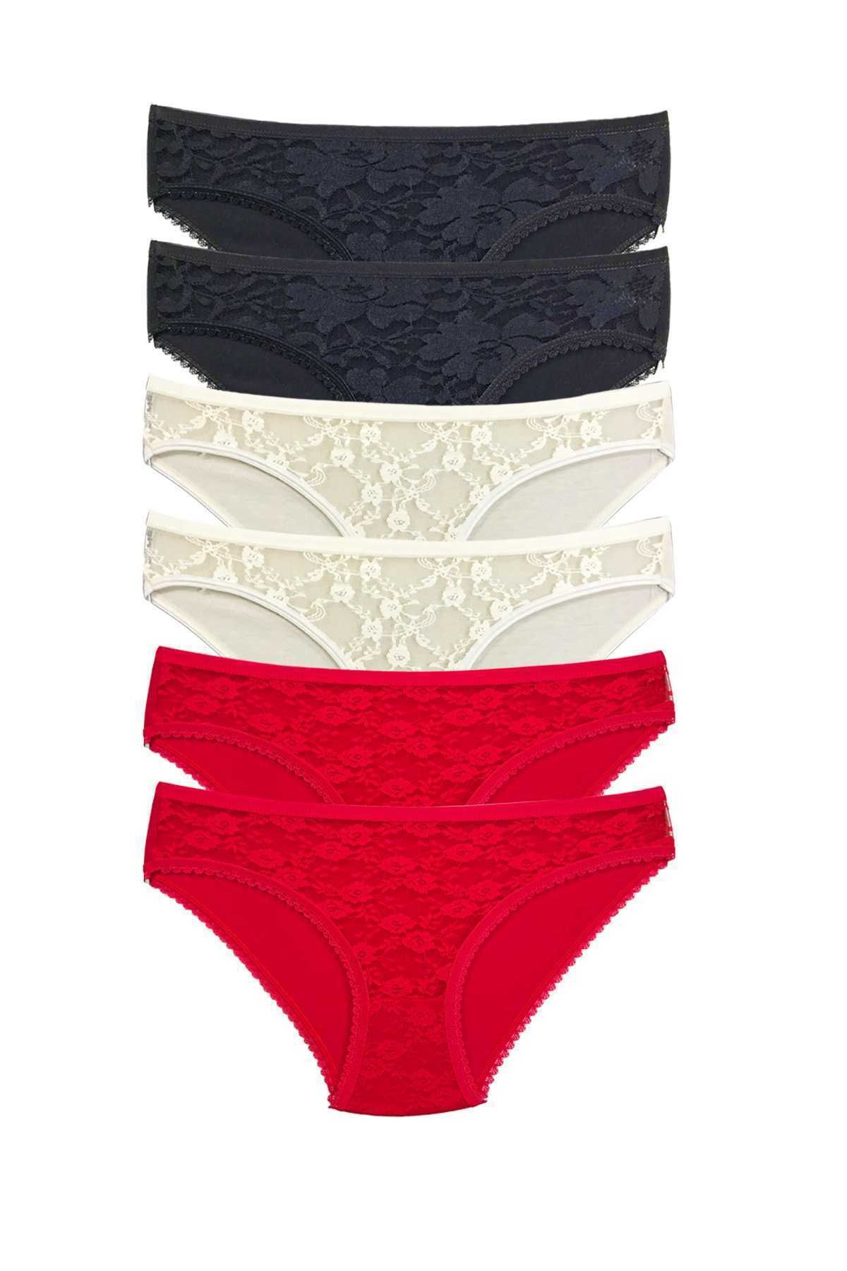 Shop58 6 Adet Önü Dantelli Transparan Kadın Slip Külot S116