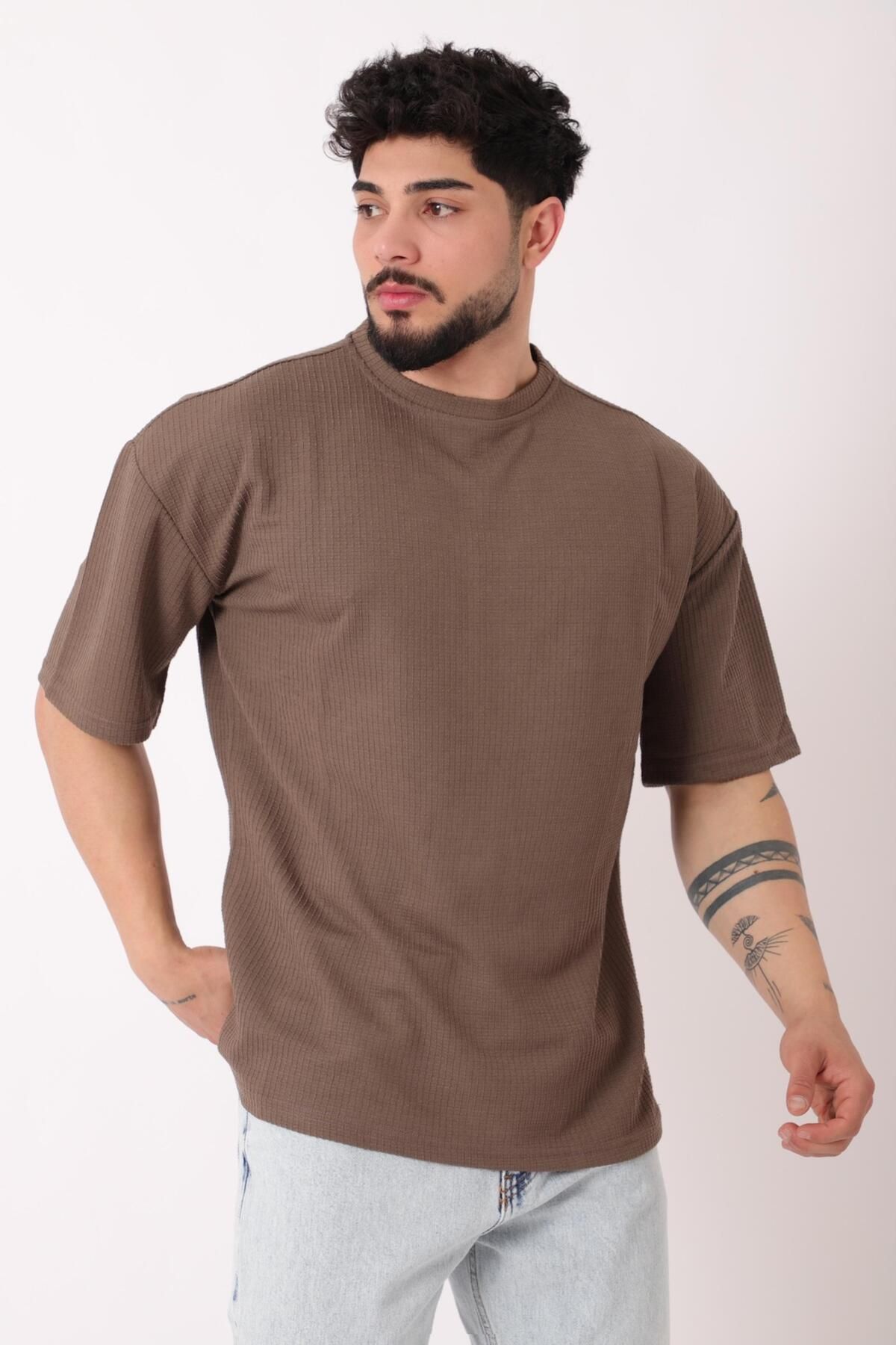 Stilkombin Petekli Model Bisiklet Yaka Oversize Tişört STU-2468_30462