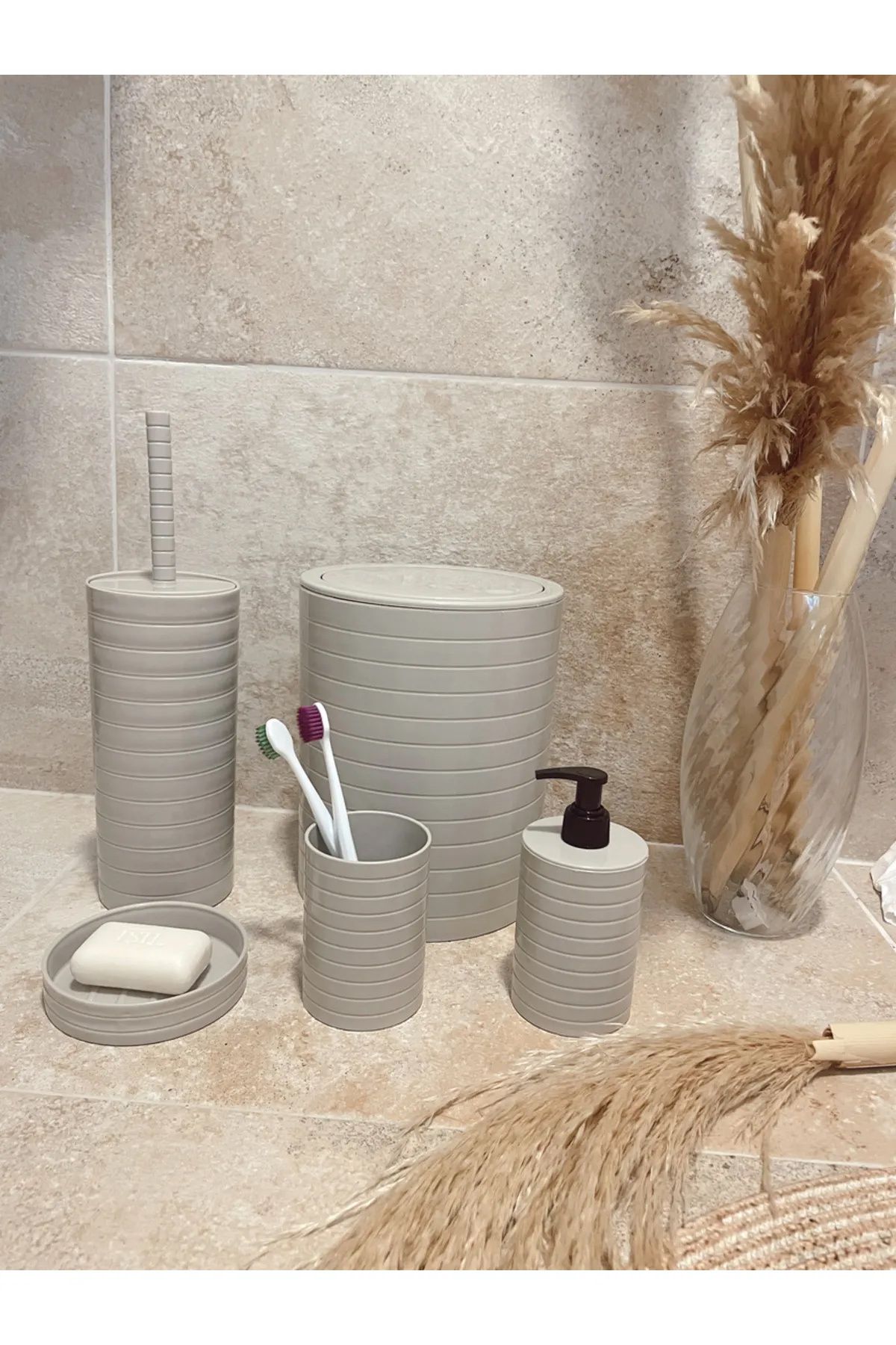 Shop58 Banyo Seti 5'li Krem Çöp Kovası Wc Fırçalık Sıvı Sabunluk Katı Sabunluk