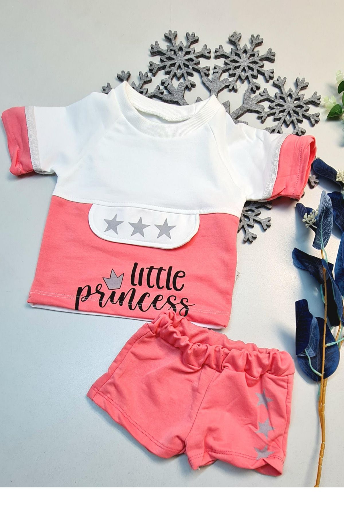 Shop58 Yazlık Mini Şort Kısa Kol Kız Bebek Takım Little Princess Fuşya
