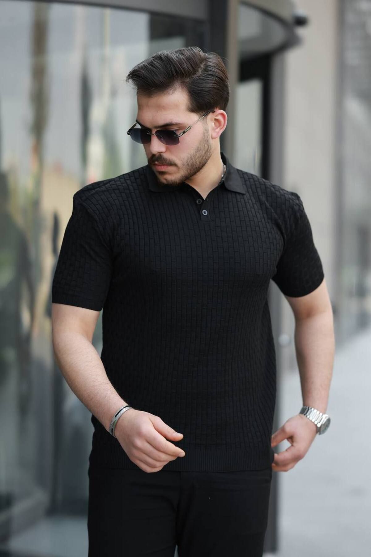YONEZ MODA Erkek Rahat Kalıp Kare Desenli Polo Yaka Triko Tişört