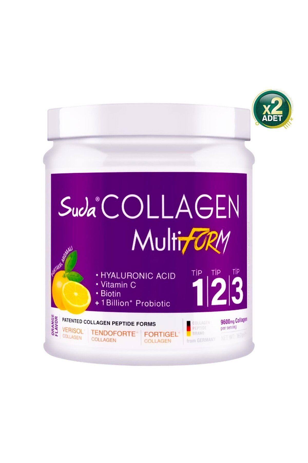 Suda Collagen Multiform Portakal Aromalı Kolajen 360gr - 9600 mg Hidrolize Collagen Peptit - 2 Adet