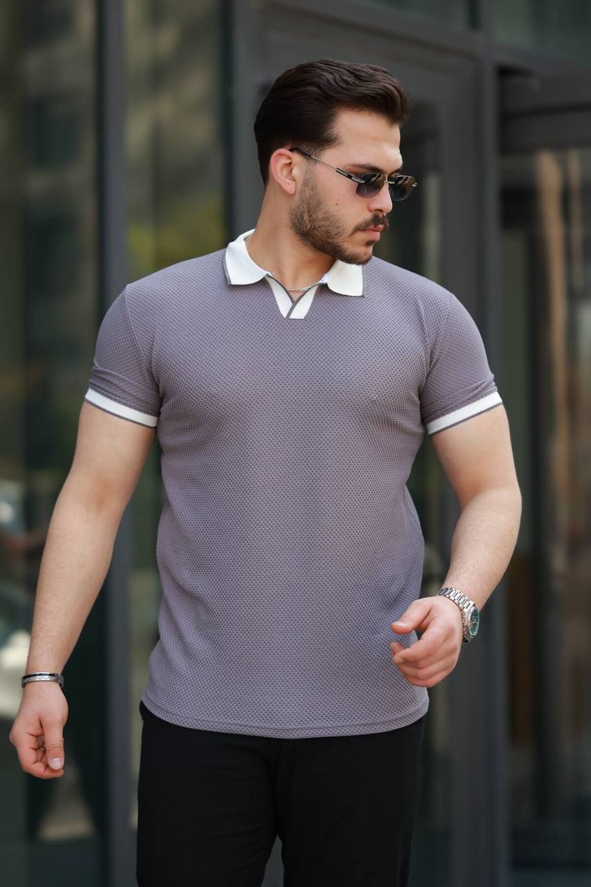 YONEZ MODA Erkek Rahat Kalıp Petek Desenli Jakar Polo Yaka Tişört