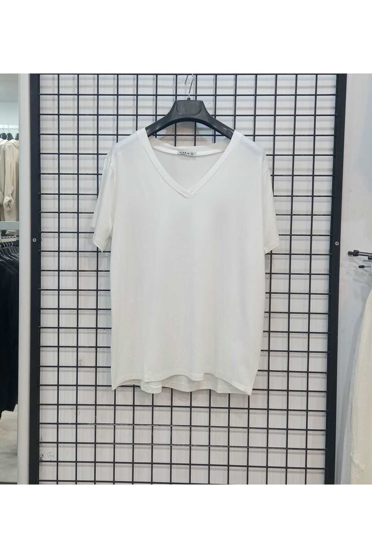 Butik Şans Kısa Kollu V Yaka Viskon Penye Basic T-Shirt