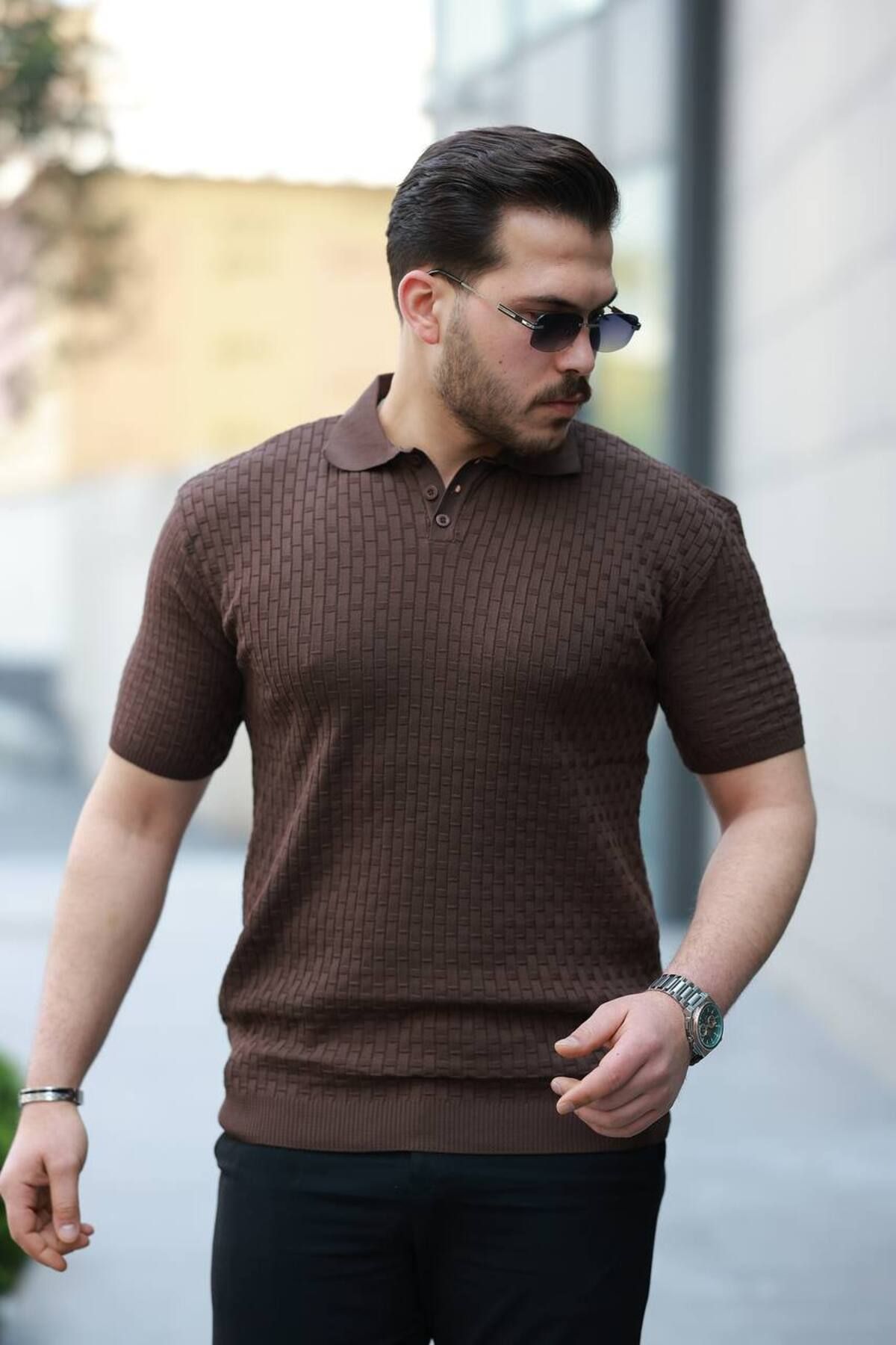 Gameyal Erkek Rahat Kalıp Kare Desenli Polo Yaka Triko Tişört