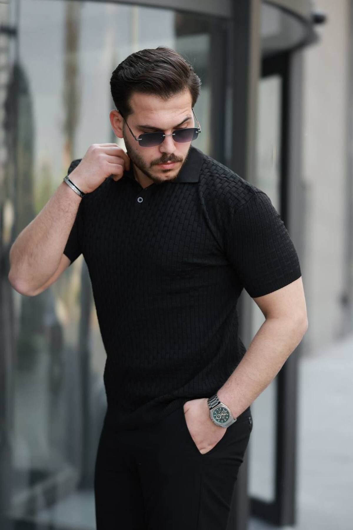 Gameyal Erkek Rahat Kalıp Kare Desenli Polo Yaka Triko Tişört