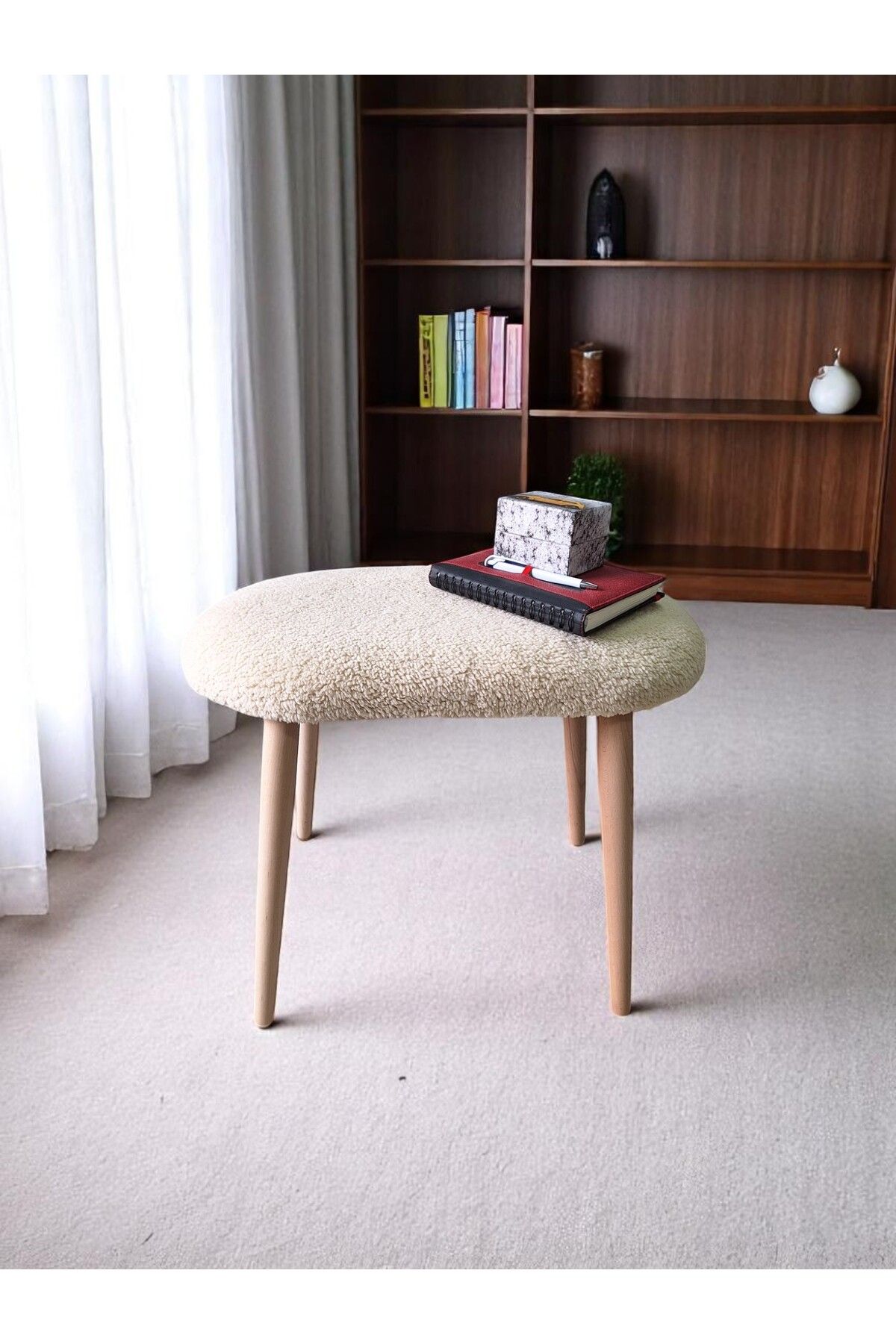 OWNHOME Minimalist Teddy Kumaş Tabure, Ahşap Ayaklı Tabure, Salon, Ofis, Makyaj Masası, Yemek Masası