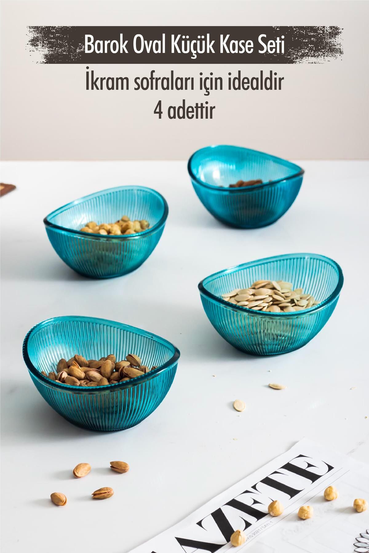 Shop58 Akrilik Barok Aquamarin Oval 4'lü Küçük Kase Seti & Çerezlik & Sunumluk & İkramlık (Cam Değildir)