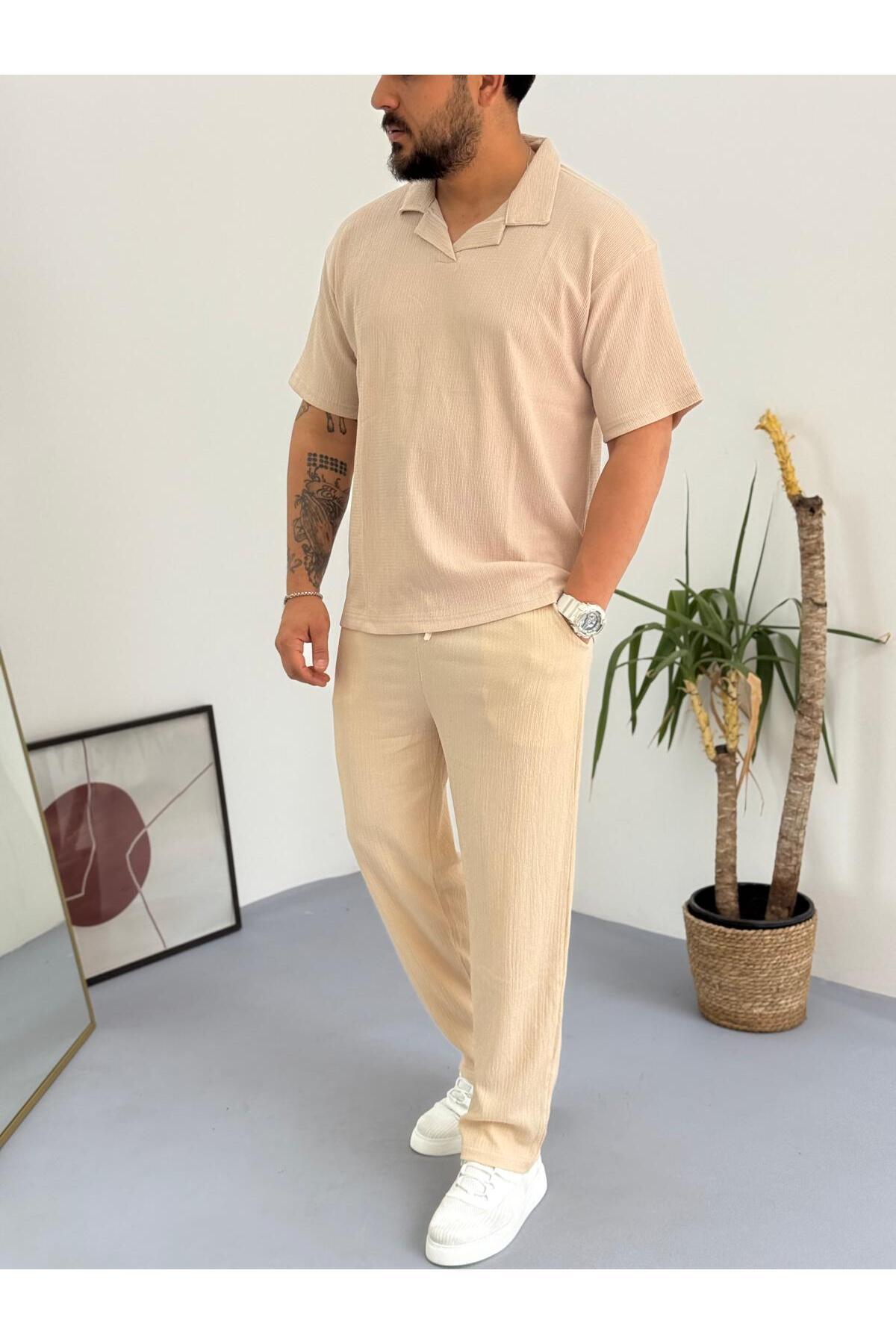 Combineman35-Men's Polo Neck Crinkle Fabric Twist T-Shirt-Pantalon Bottom Top Set 5