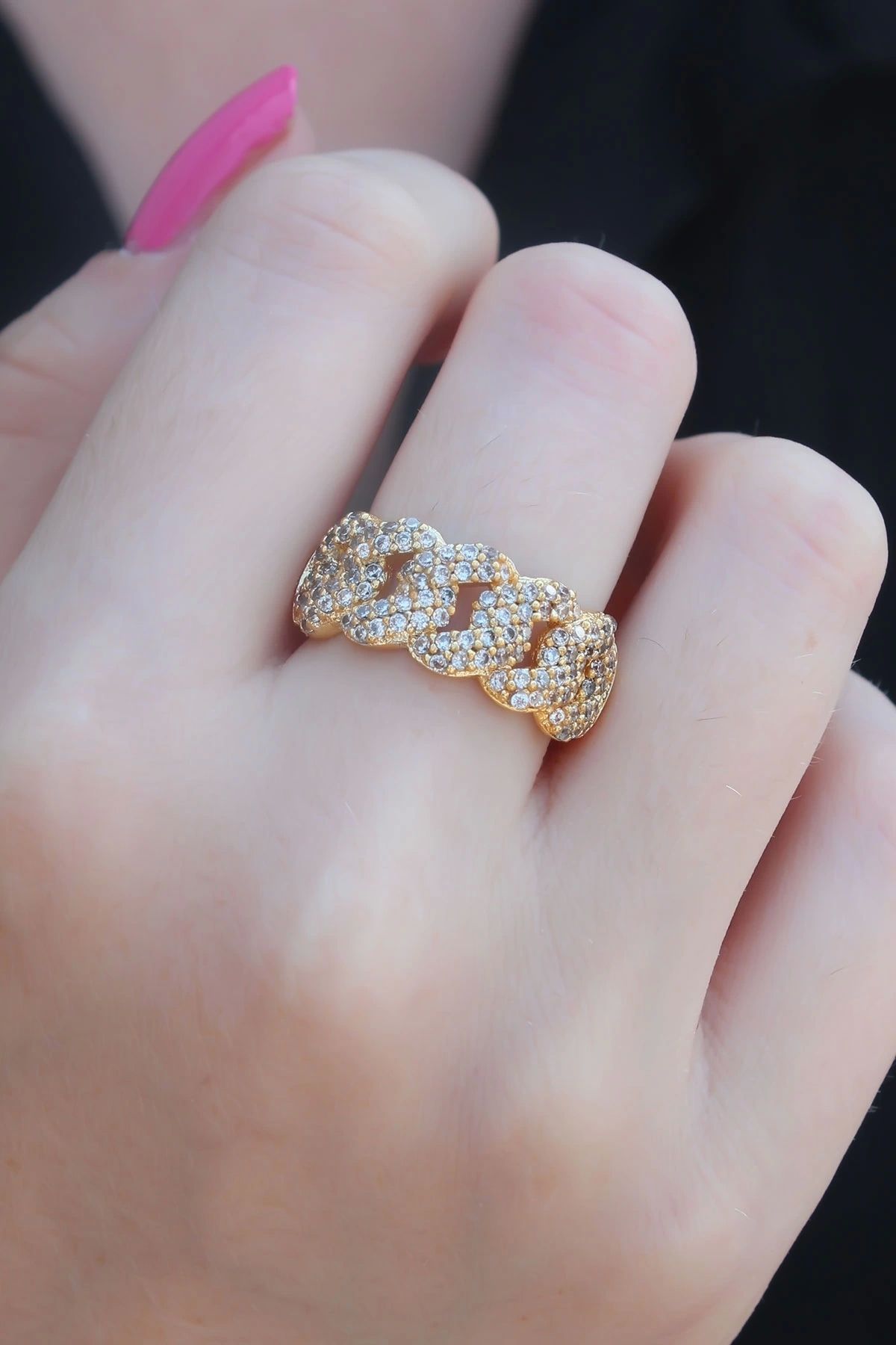 Clariss Gold Renk Zirkon Taşlı Zincir Model Kadın Yüzük