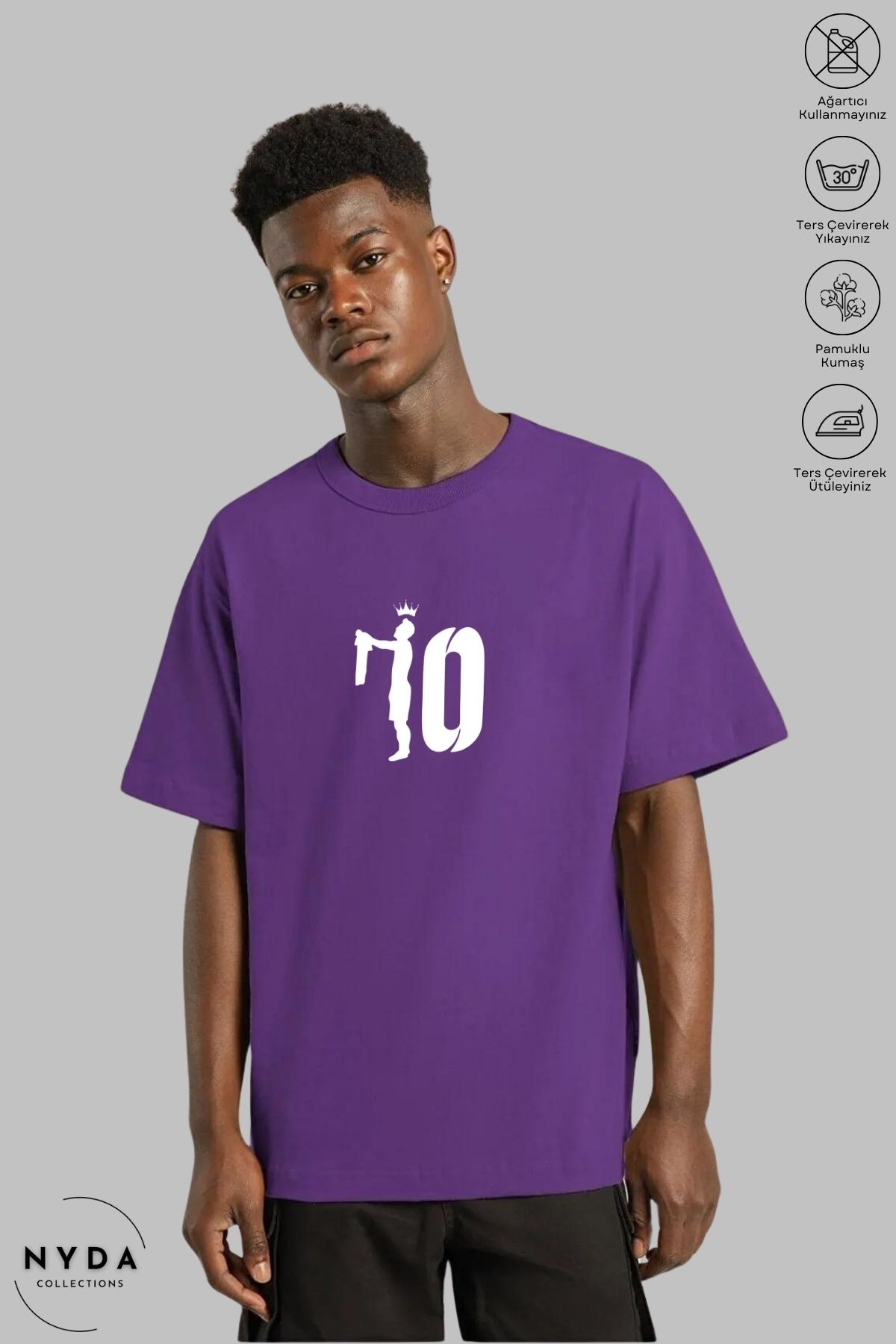 Nyda Collections Unisex Bisiklet Yaka 10 Numara Taç Baskılı Pamuk Oversize Kısa Kollu Tişört